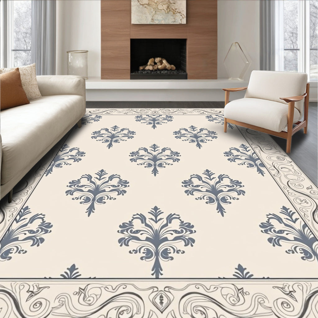 Cream And Grey Floral Damask Pattern Rug