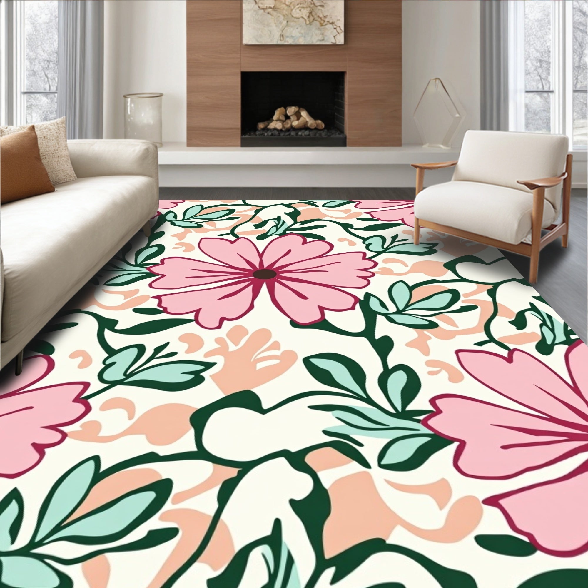 Pink Floral Vine Pattern Rug