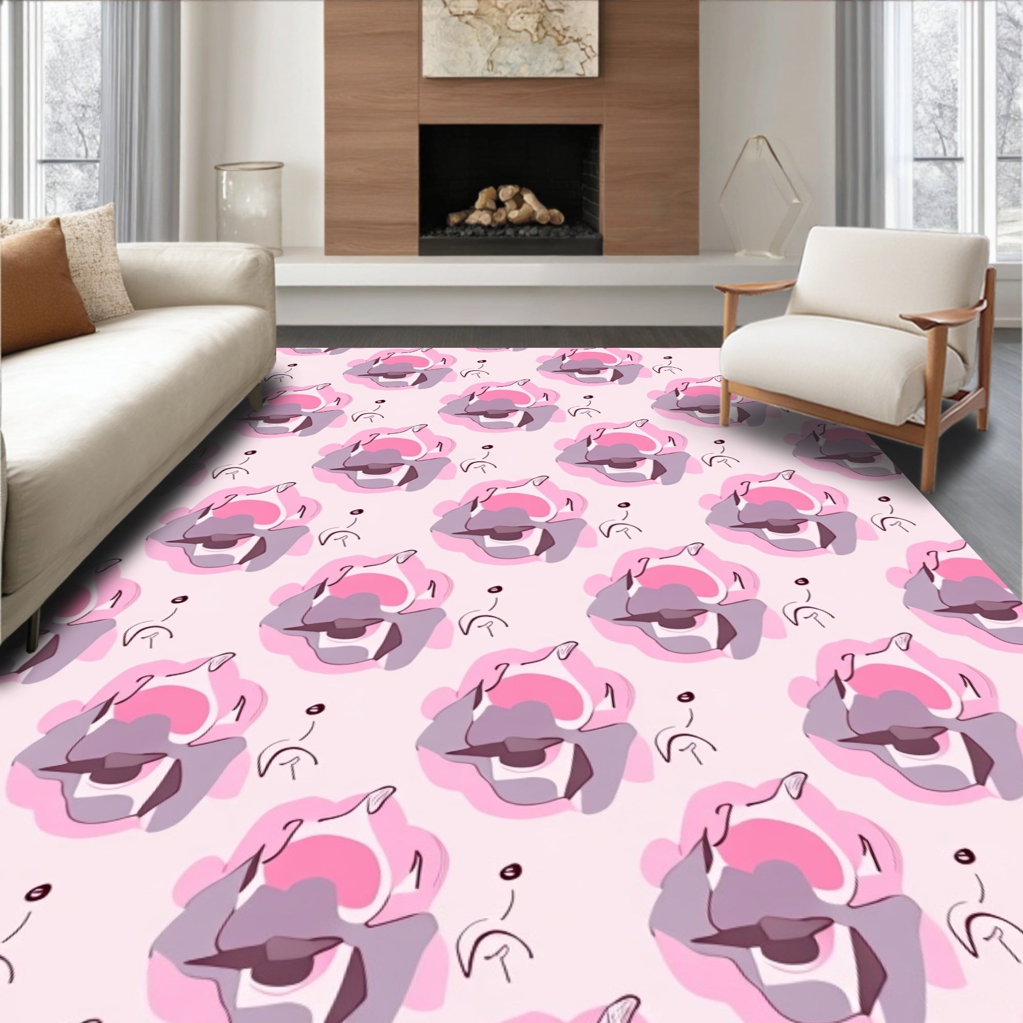 Abstract Floral Pink Grey Pattern Rug