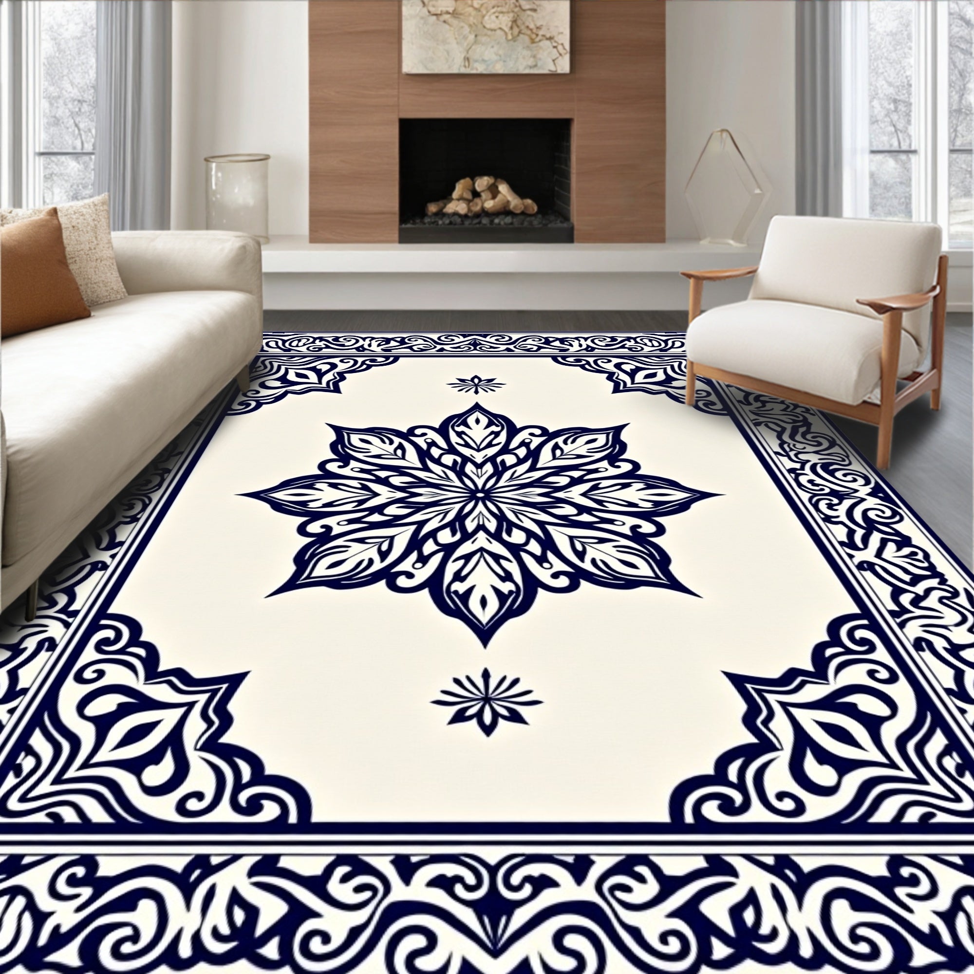 Intricate Floral Mandala Border Design Rug