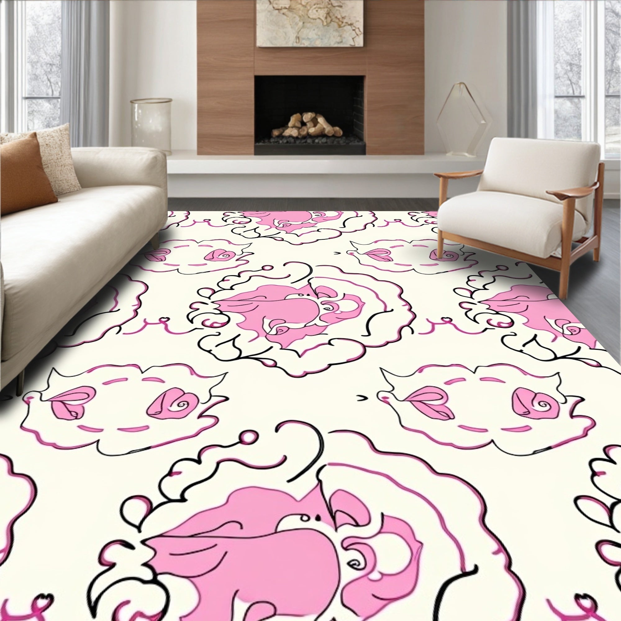 Playful Pink Black Swirling Cloud Design Rug