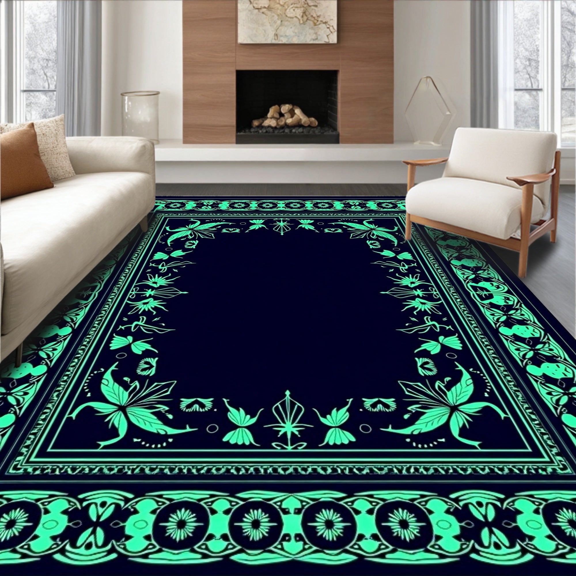 Deep Blue Emerald Floral Border Rug