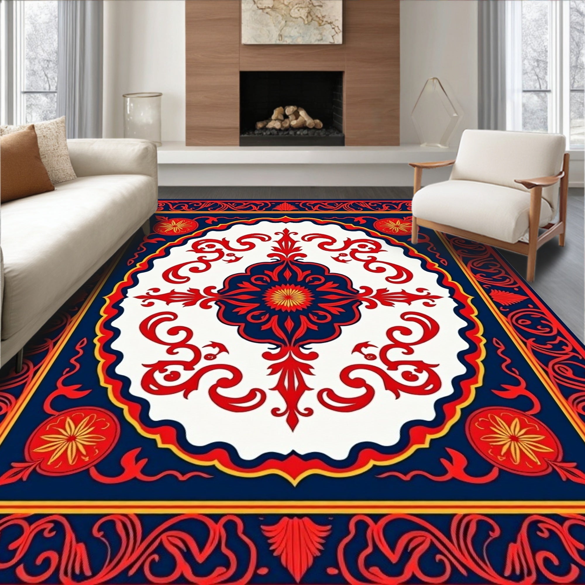 Grand Red Blue Floral Medallion Rug