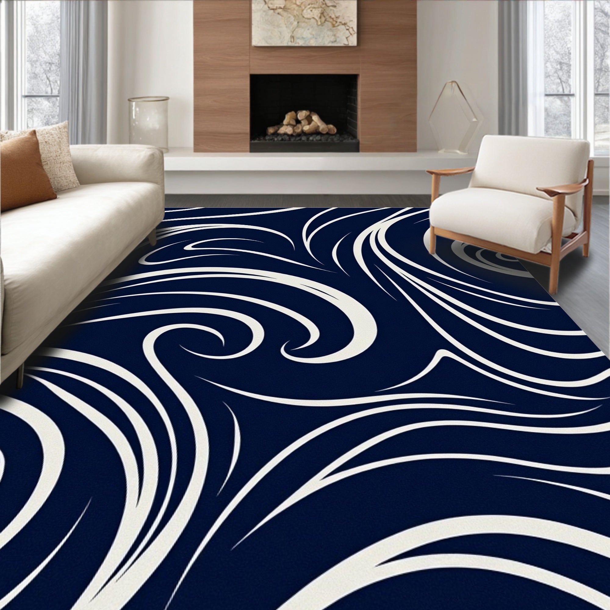 Navy Swirl Pattern Design Rug