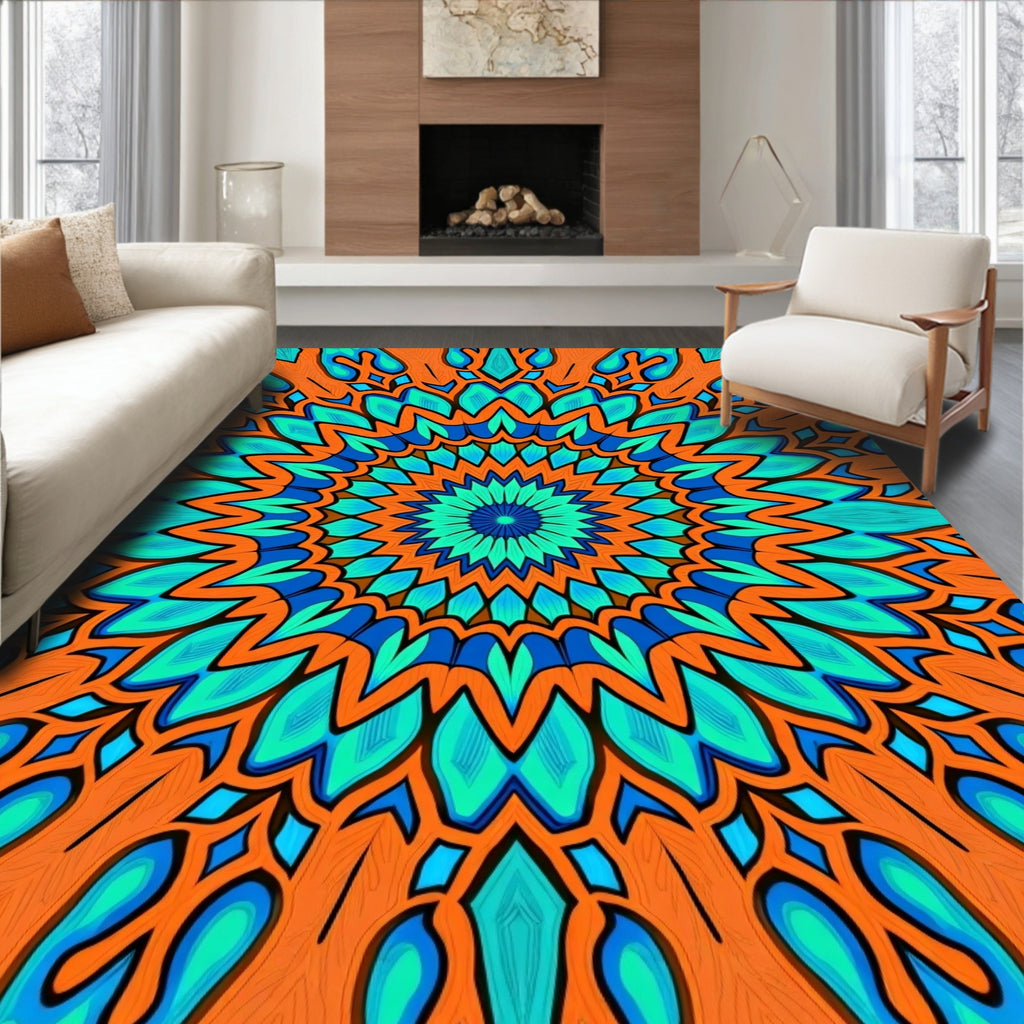 Vibrant Orange Teal Mandala Design Rug