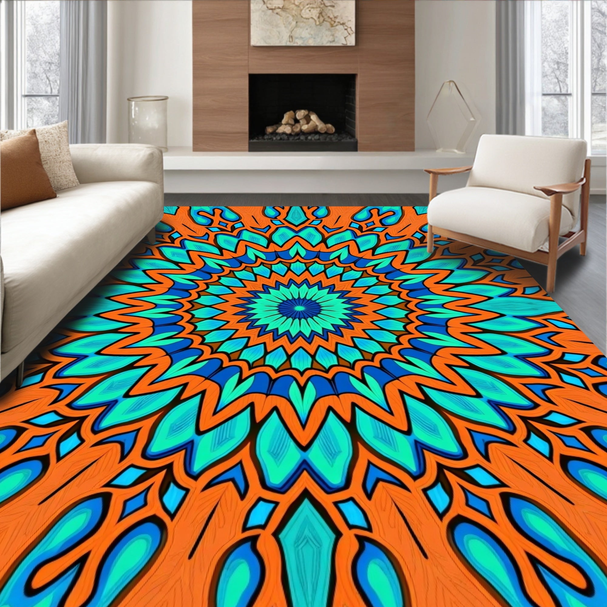 Vibrant Orange Teal Mandala Design Rug