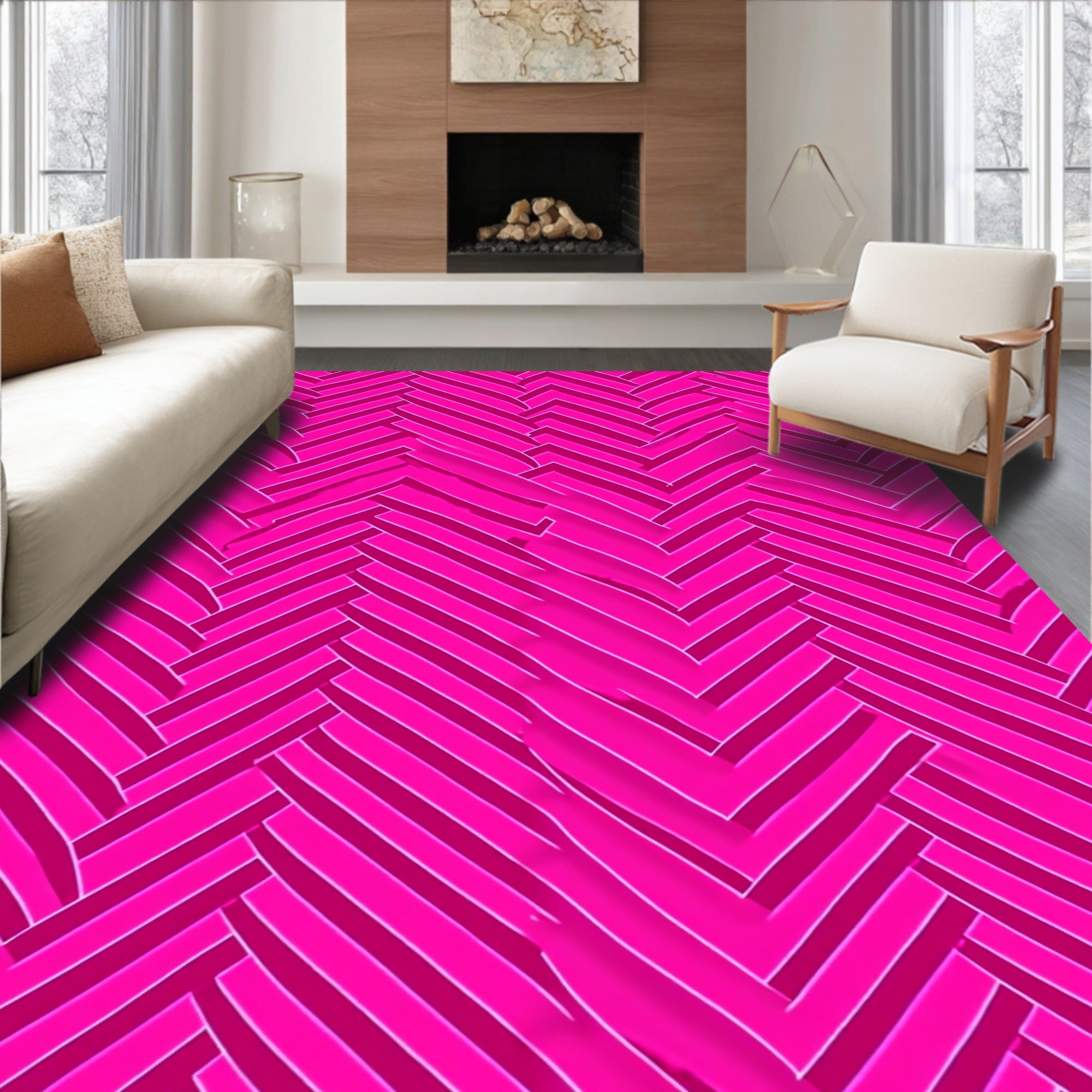 Vibrant Pink Herringbone Pattern Rug