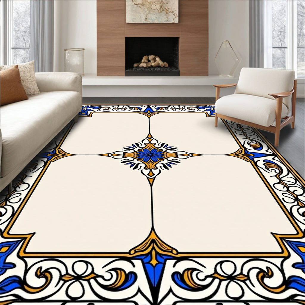 Elaborate Royal Blue Gold Floral Scroll Rug