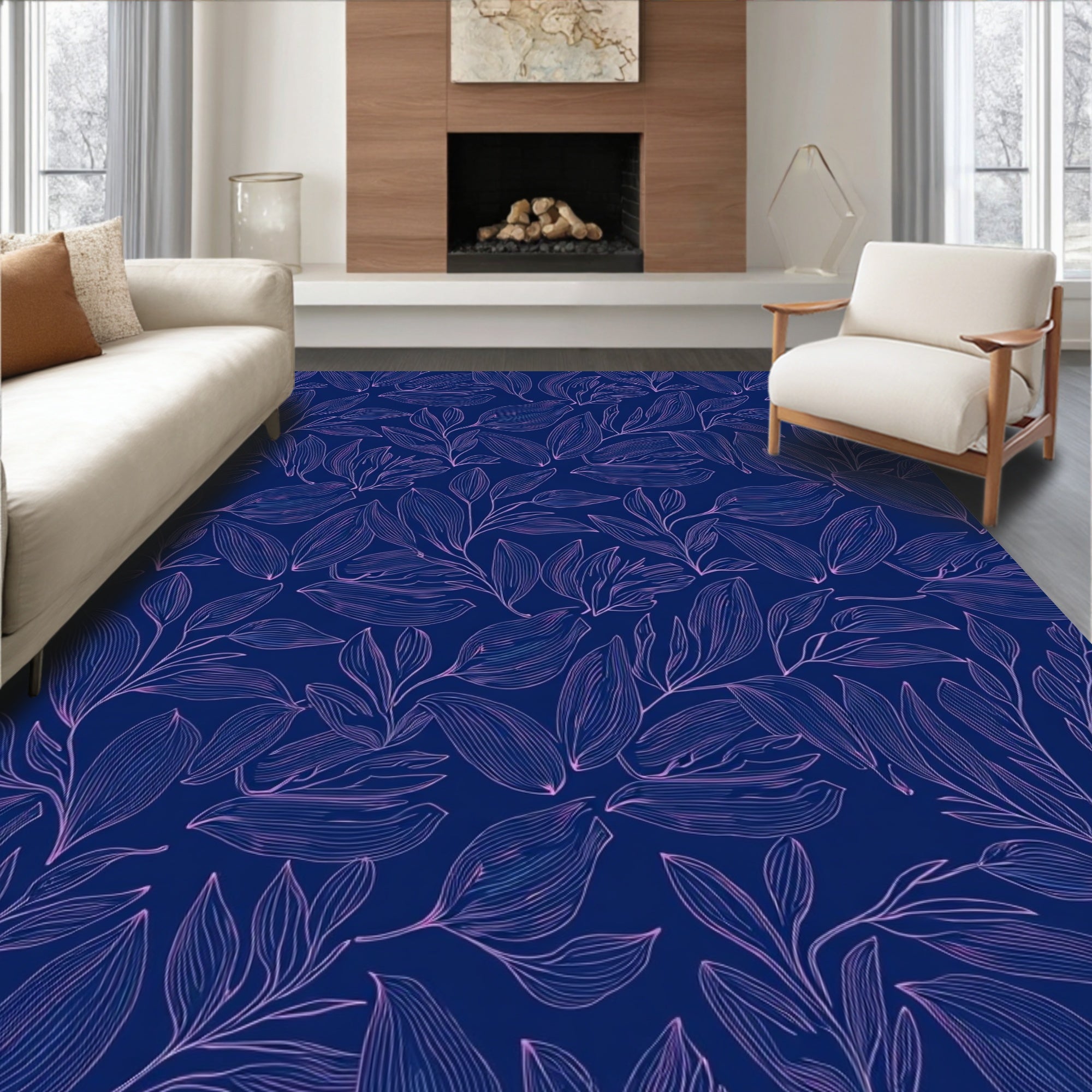 Delicate Blue Floral Line Art Rug