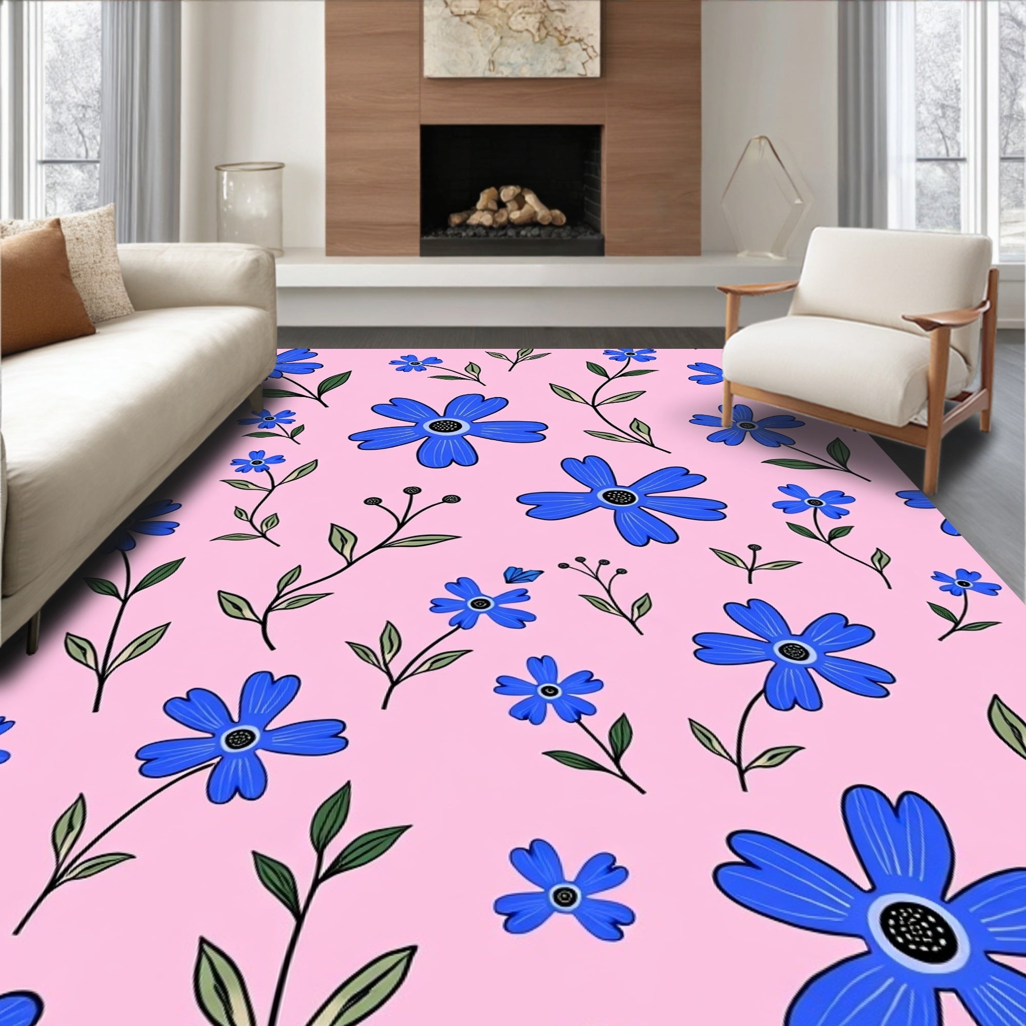 Blue Floral Pattern On Pink Background Rug