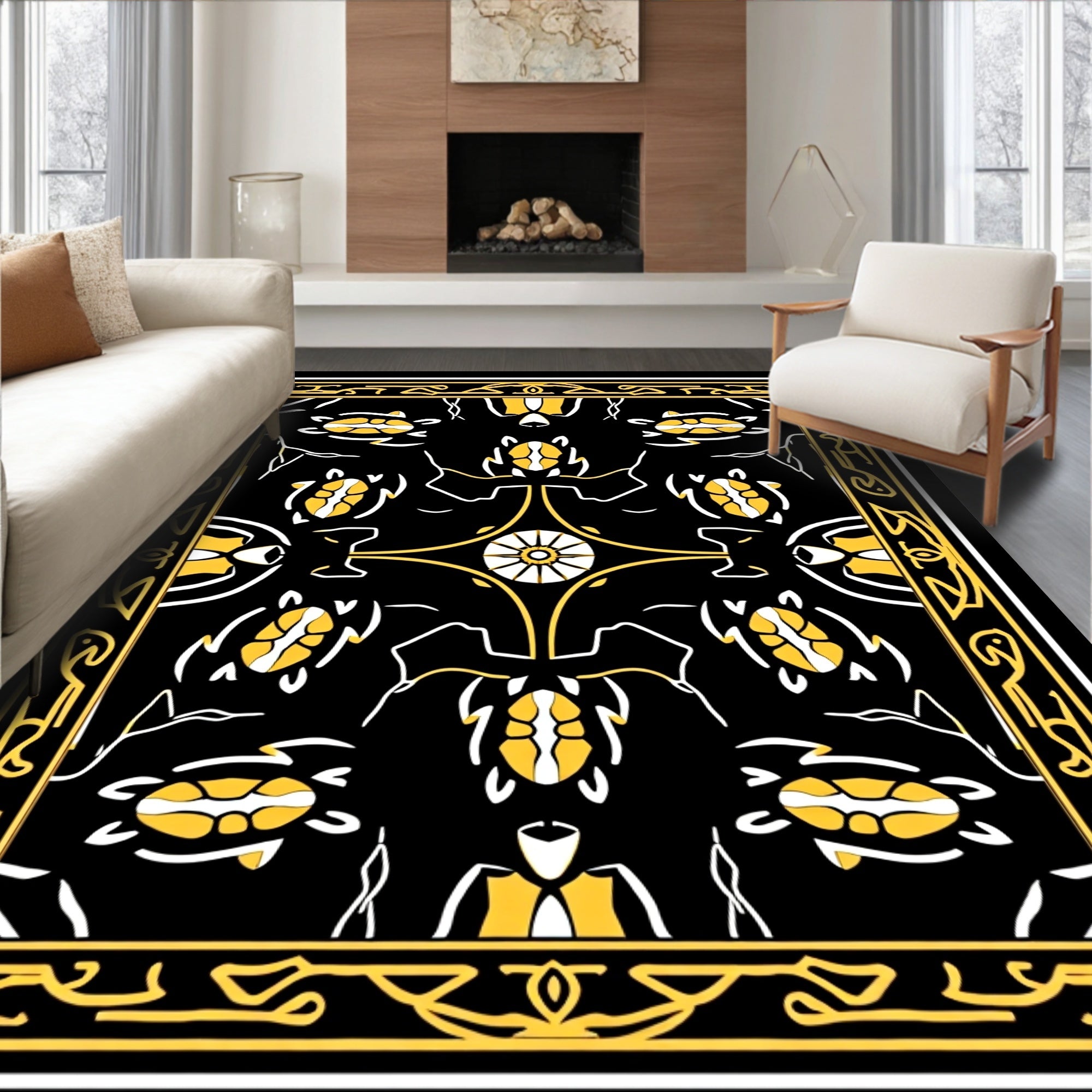 Black White Yellow Turtle Pattern Rug