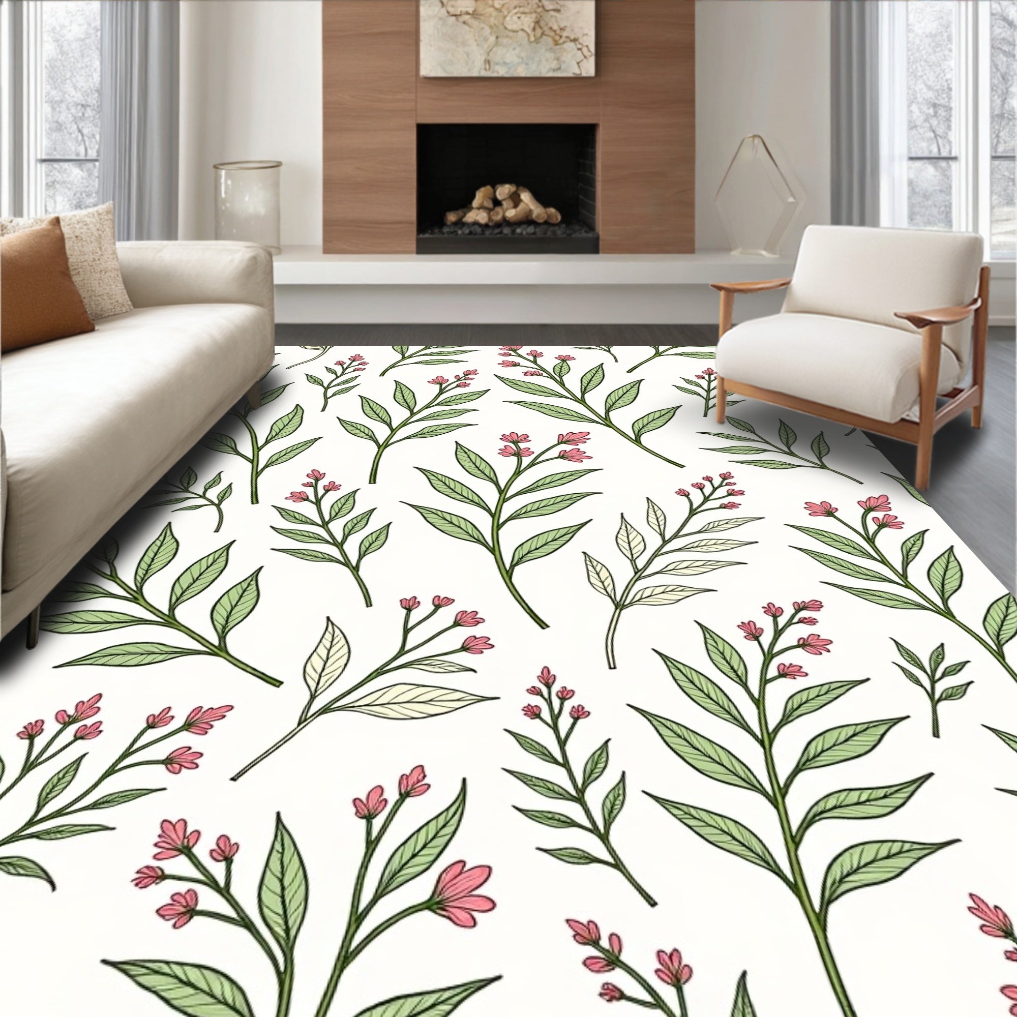 Delicate Botanical Branch Pattern Rug