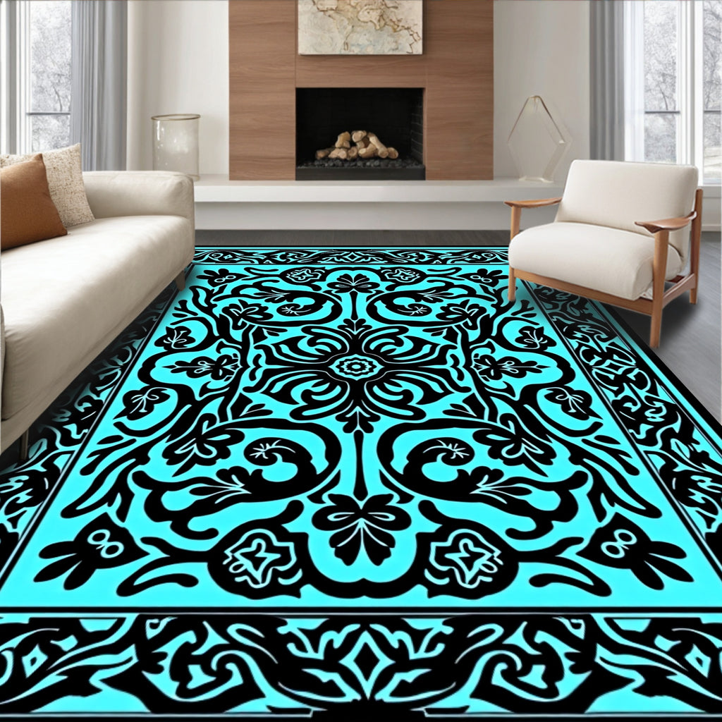 Bold Black Floral Symmetry Pattern Rug