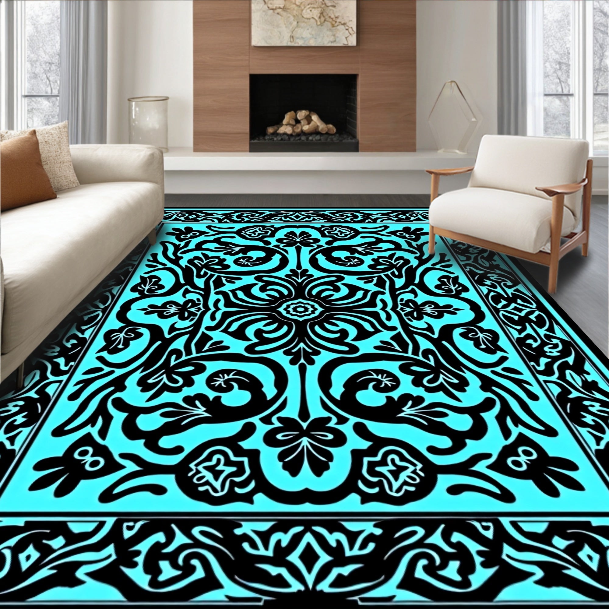 Bold Black Floral Symmetry Pattern Rug