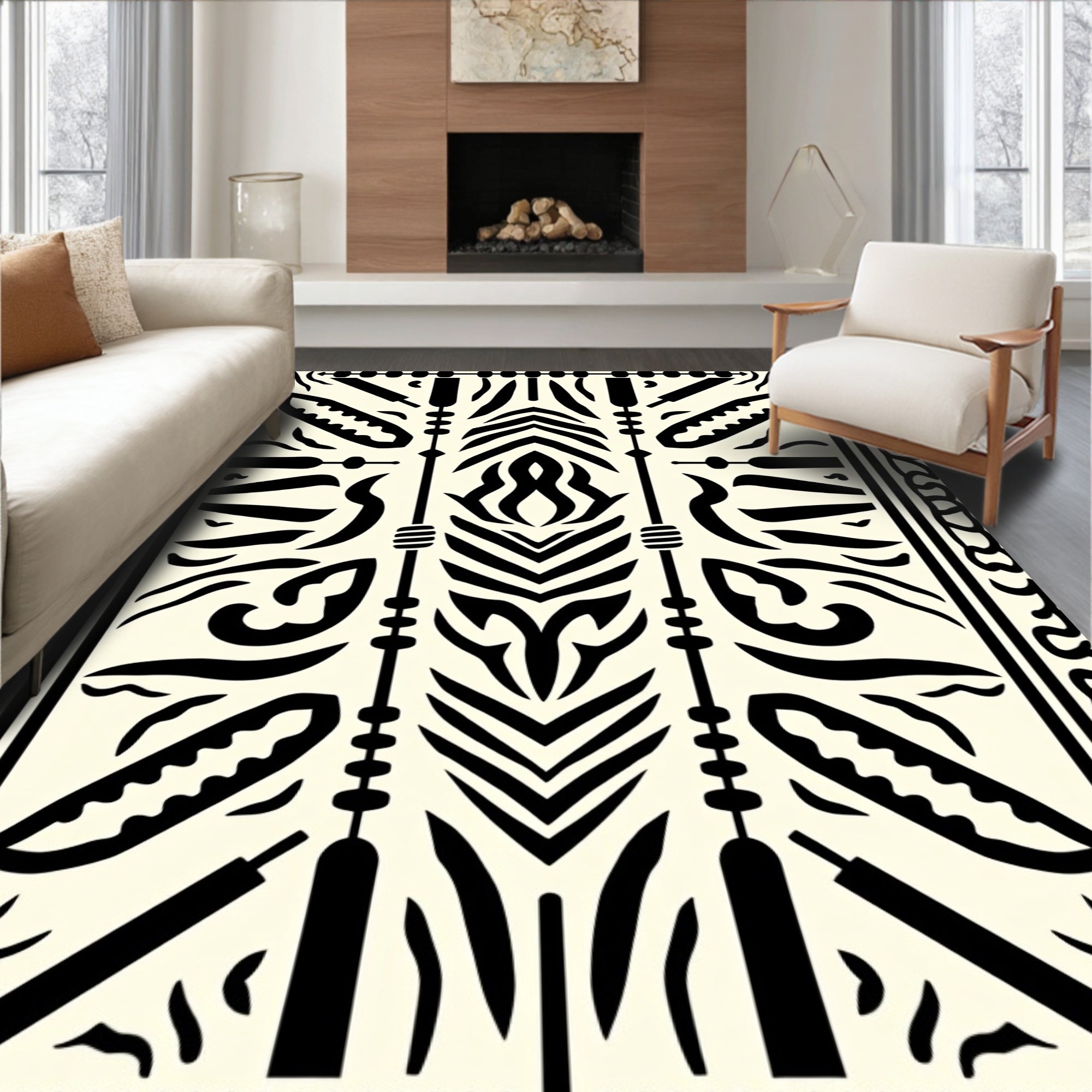 Bold Tribal Shapes Black Ivory Rug