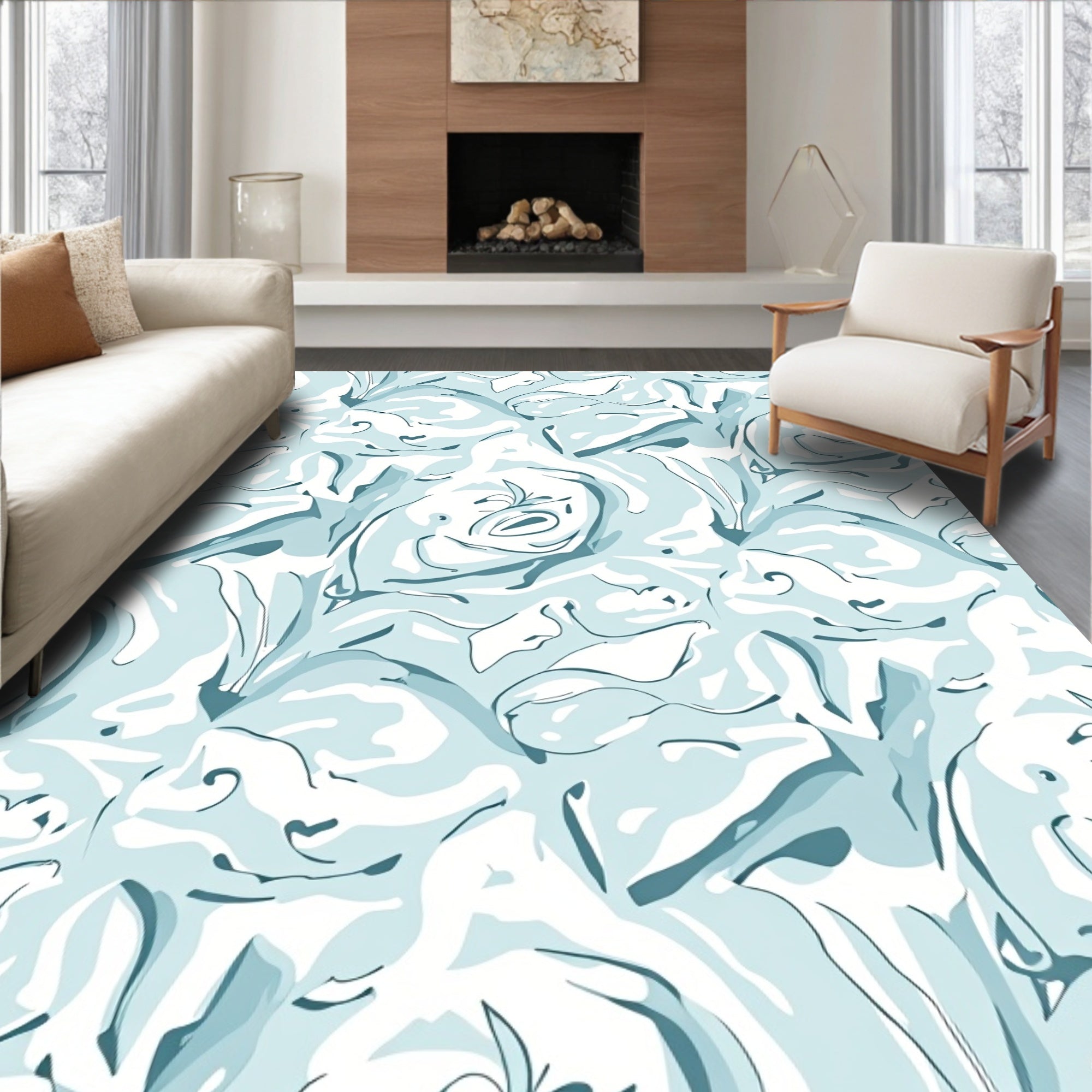 Light Teal Abstract Swirl Pattern Rug