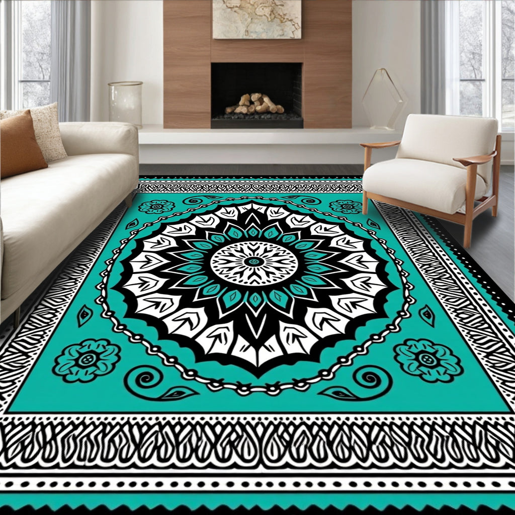 Teal Black Floral Mandala Rug