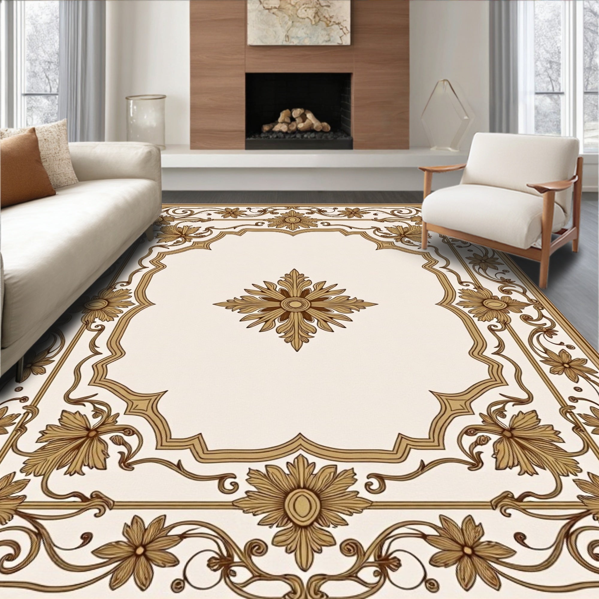 Ornamental Floral Medallion Border Rug