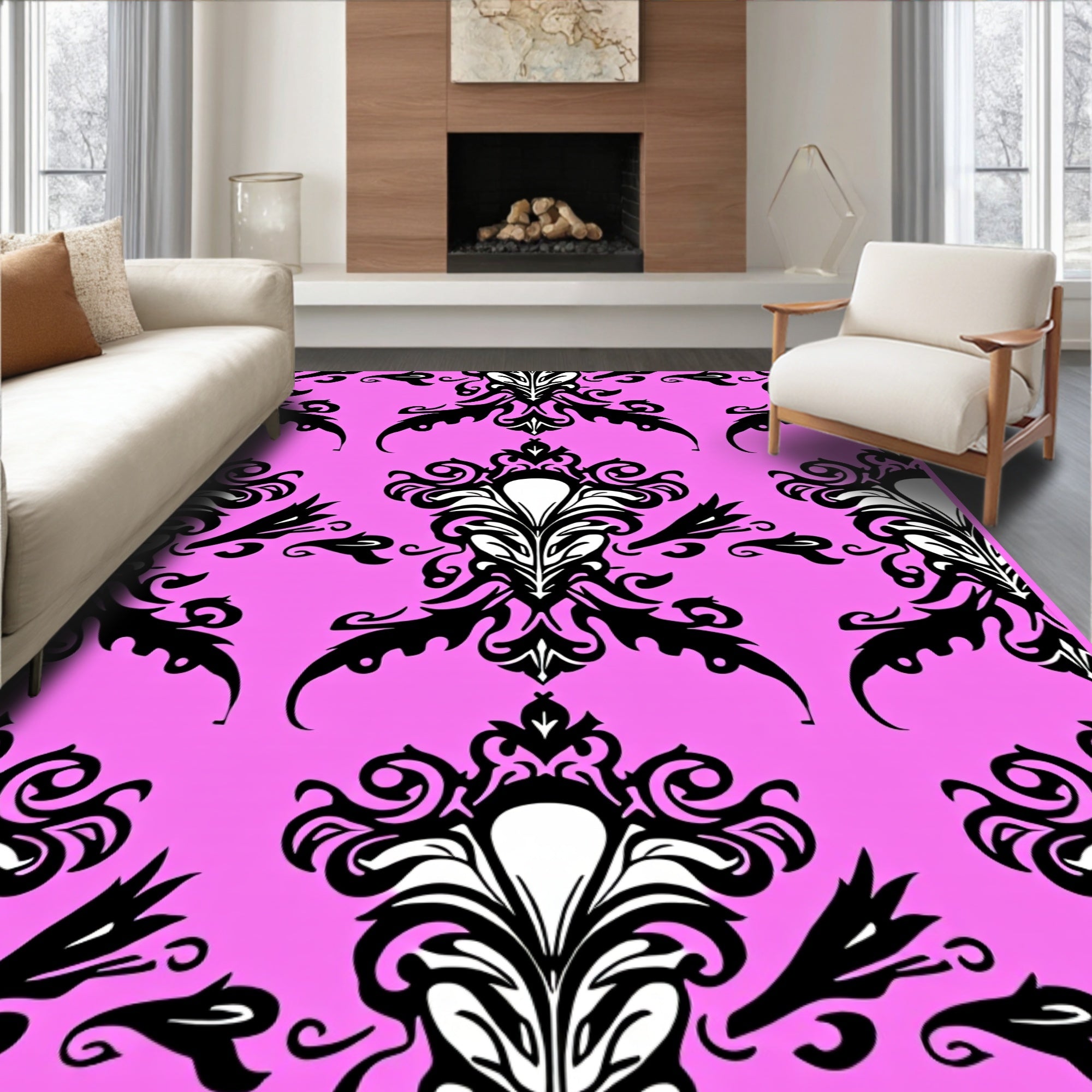 Bold Black Floral Swirls Pattern Rug