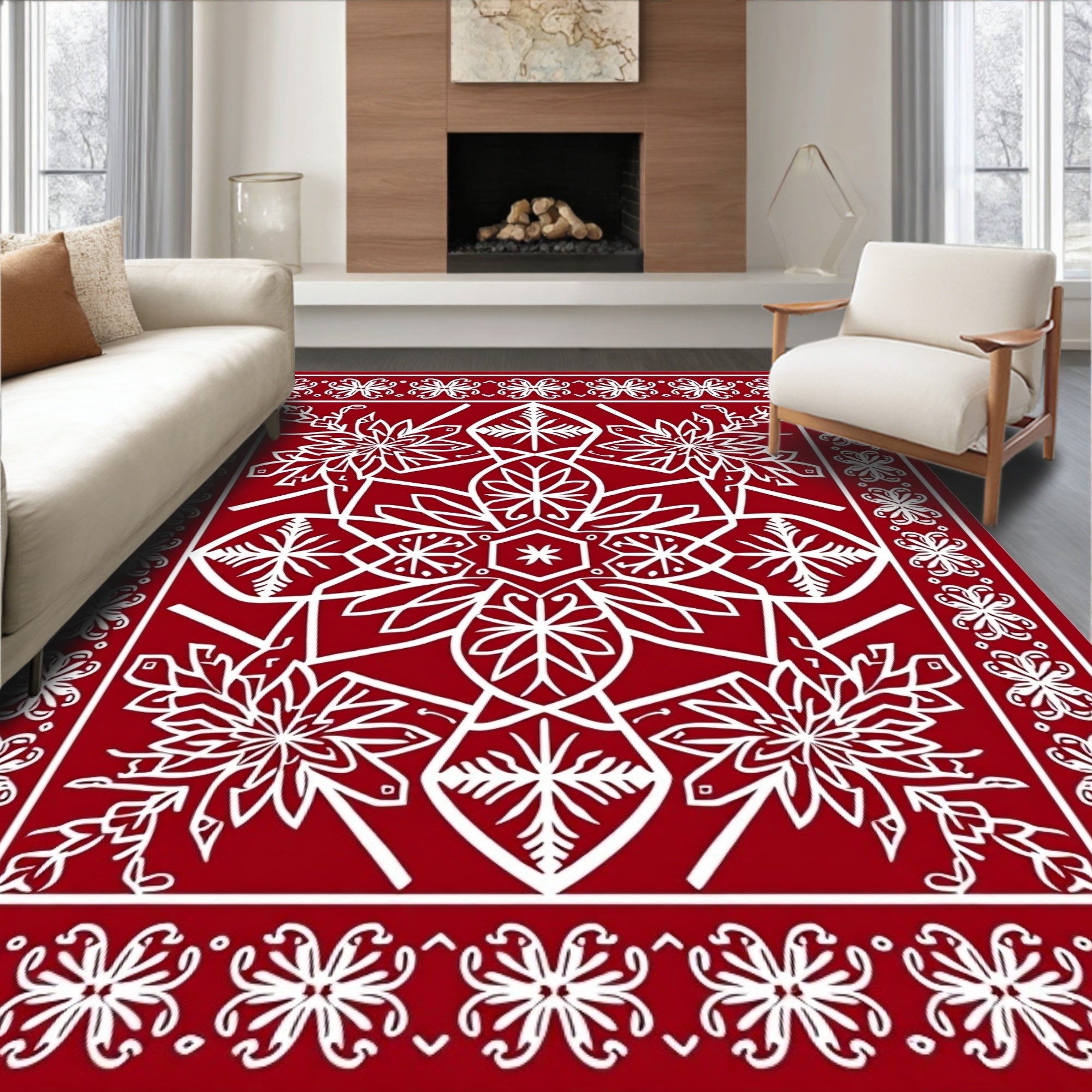 Red White Floral Geometric Medallion Rug