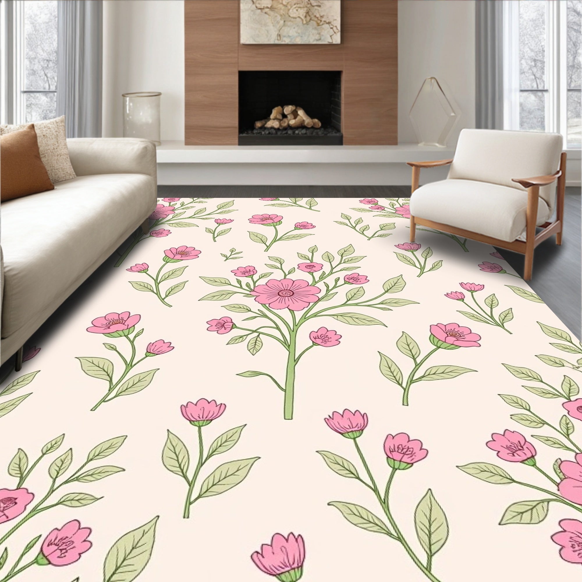 Pink Floral Branches With Green Leaves Rug