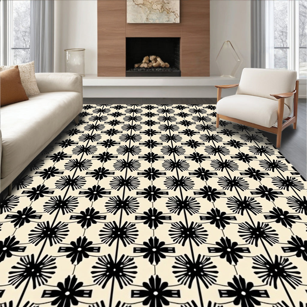 Art Deco Black Starburst Floral Pattern Rug