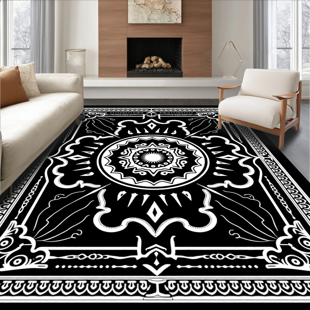 Ornate Black White Paisley Mandala Design Rug