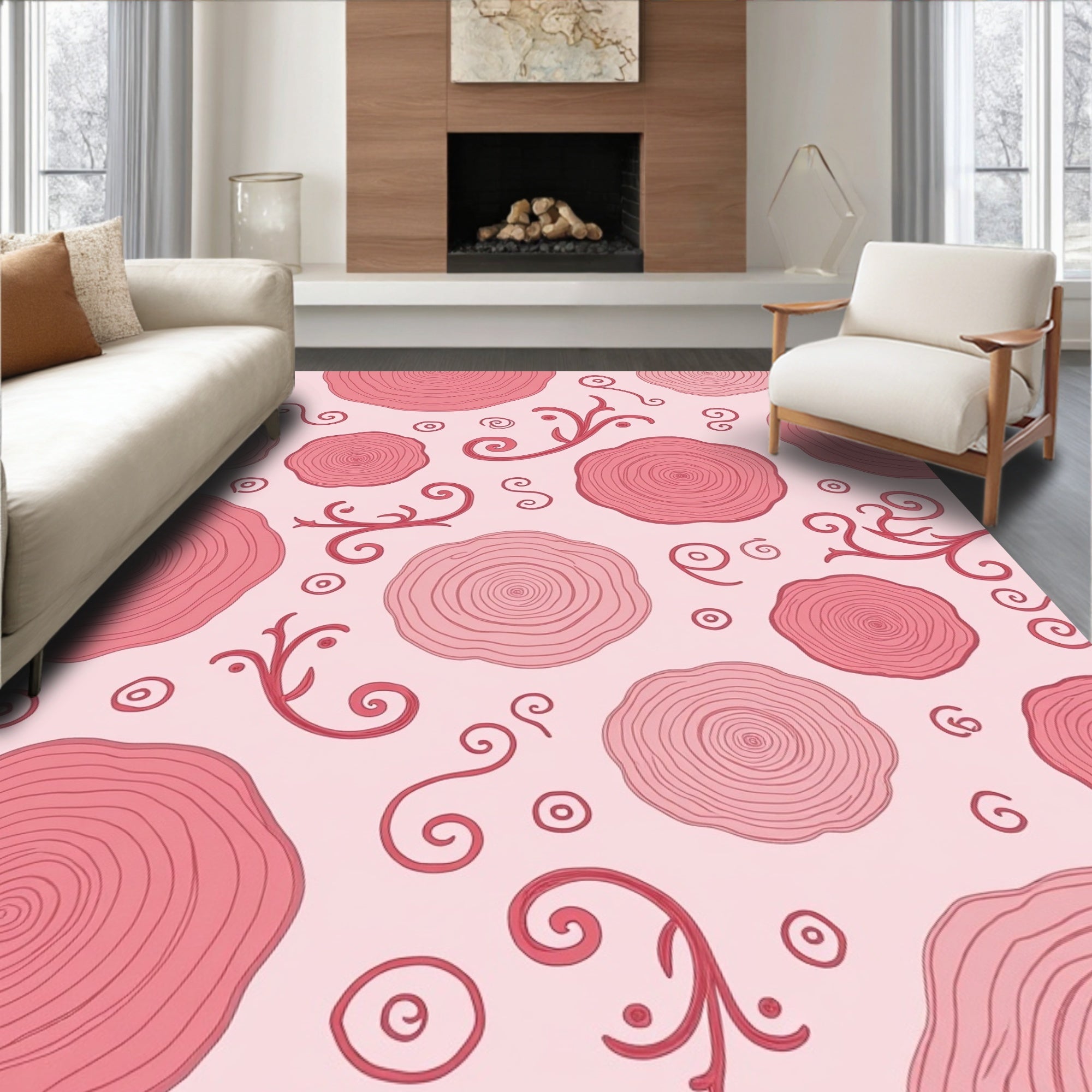 Pink Floral Swirl Patterned Design Rug
