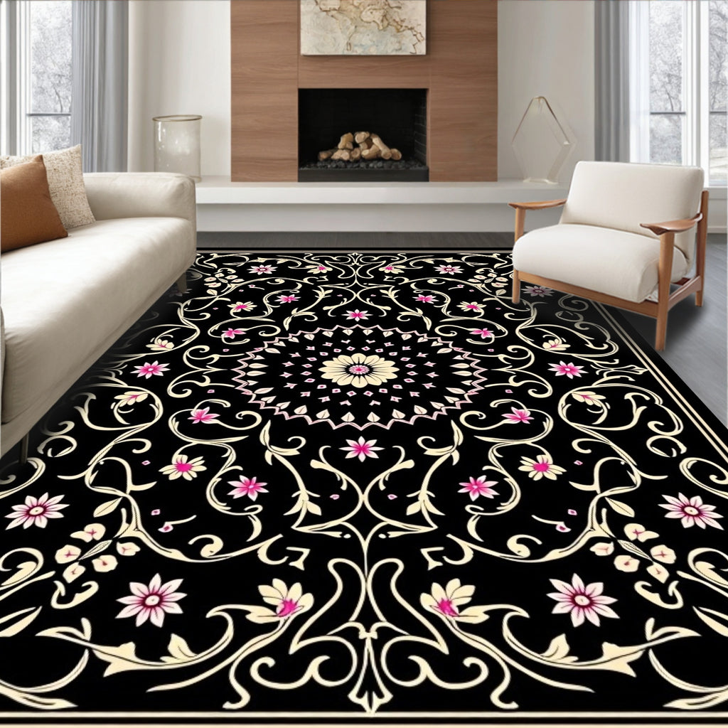 Intricate Black Floral Mandate Rug