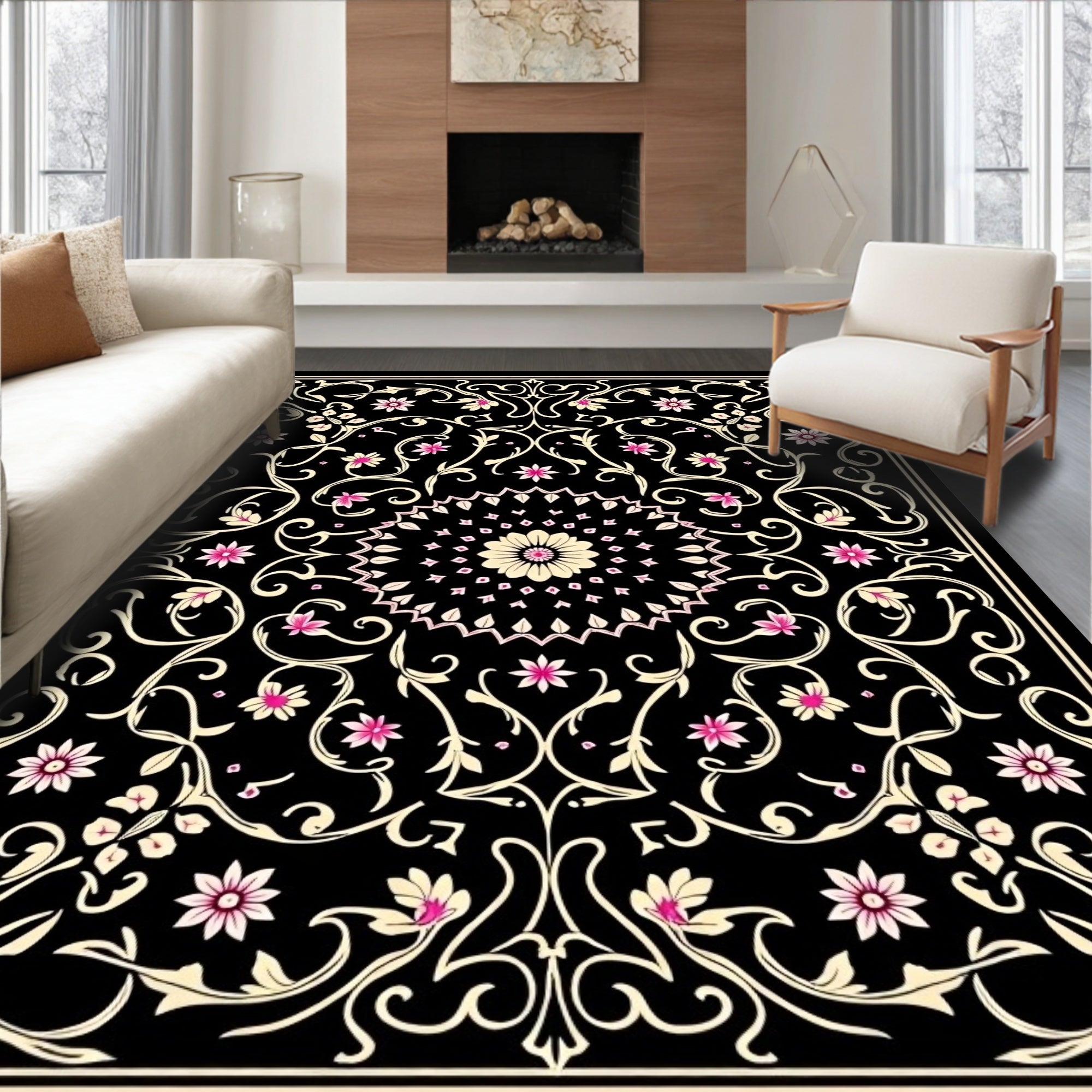Intricate Black Floral Mandate Rug