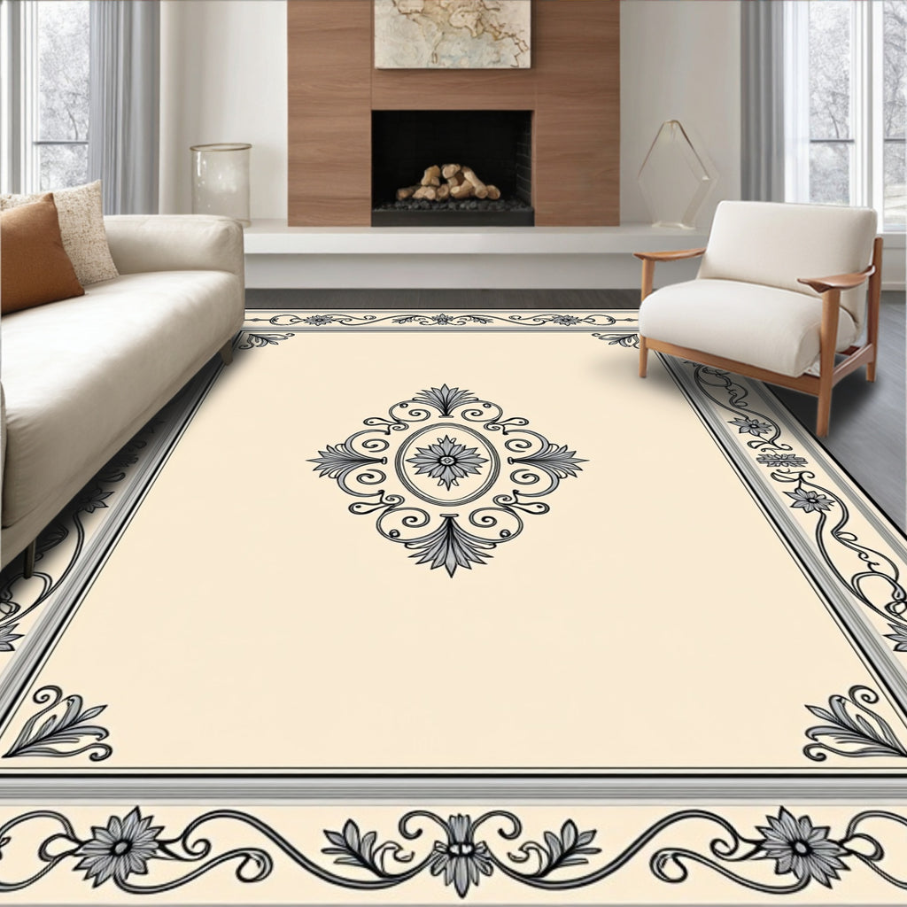 Elegant Gray Floral Scroll Medallion Rug
