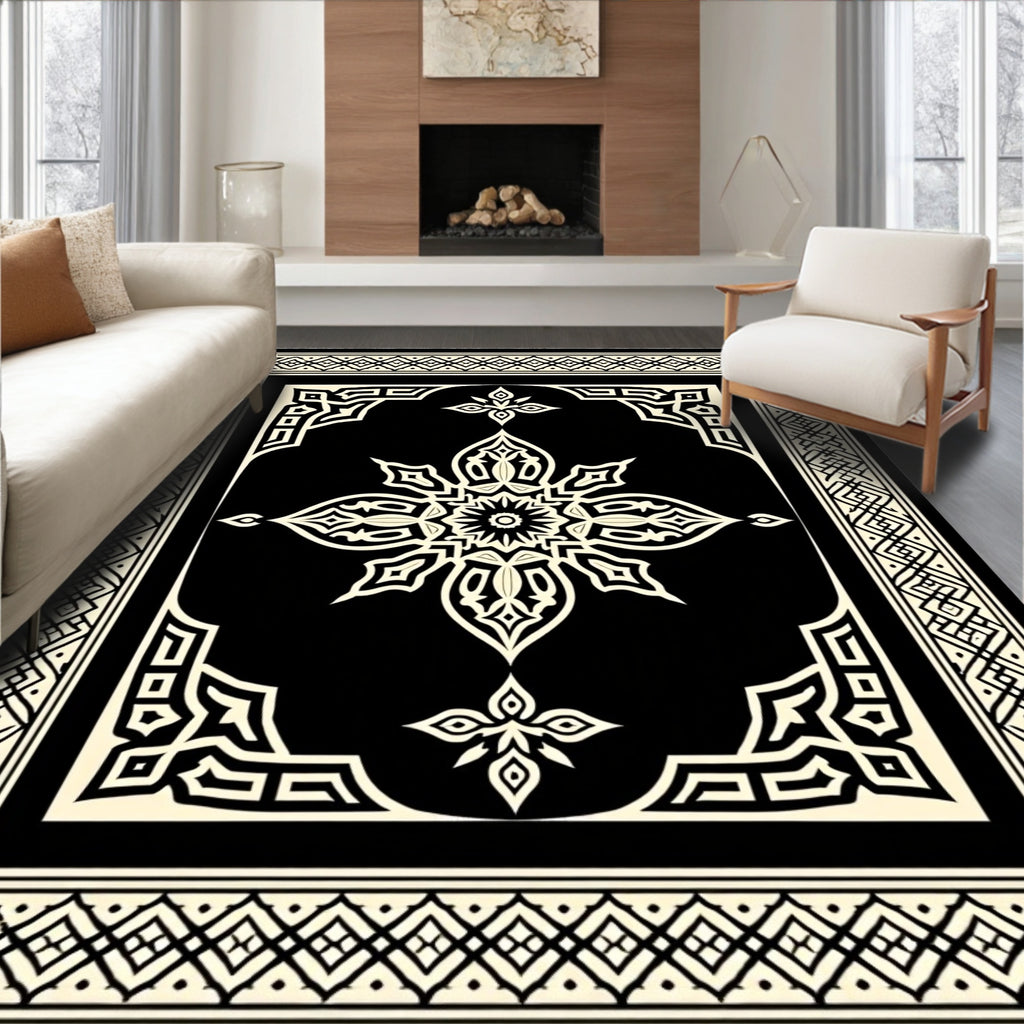 Elaborate Black Ivory Floral Mandala Rug