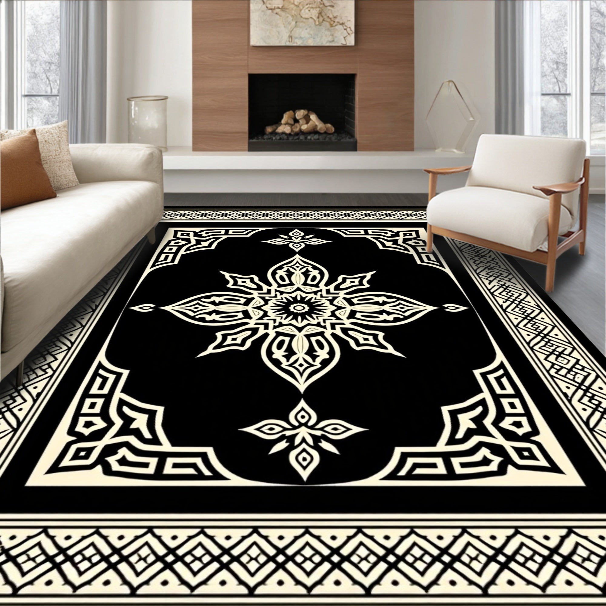 Elaborate Black Ivory Floral Mandala Rug
