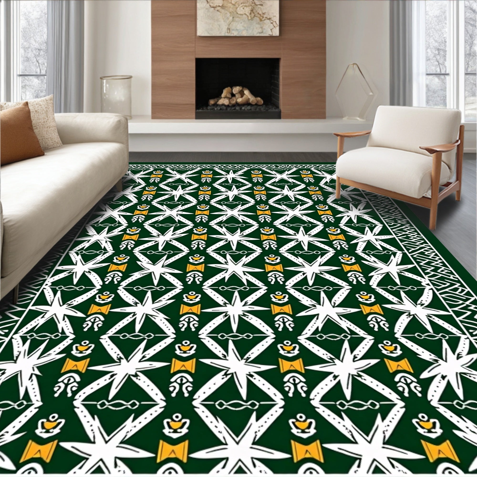 Emerald White Star Geometric Border Rug