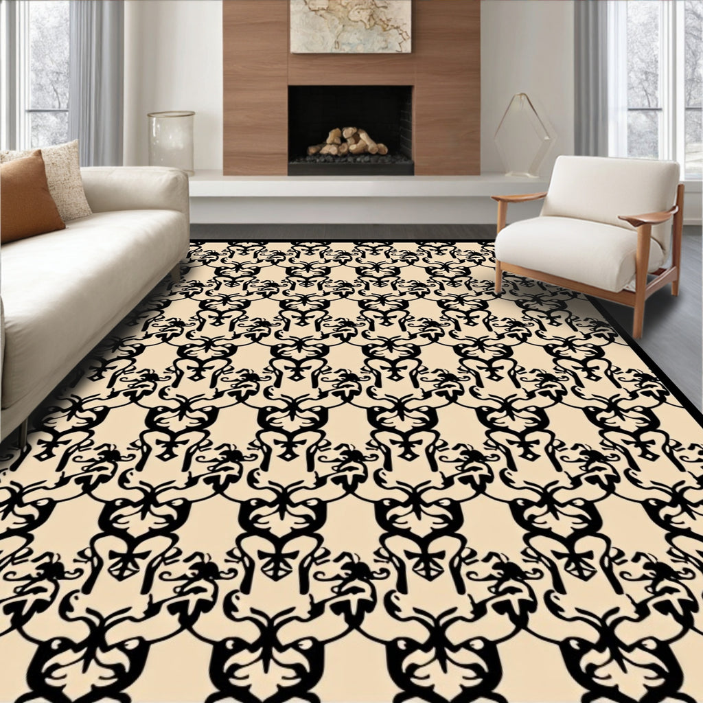 Ornate Black Scrollwork Pattern Rug