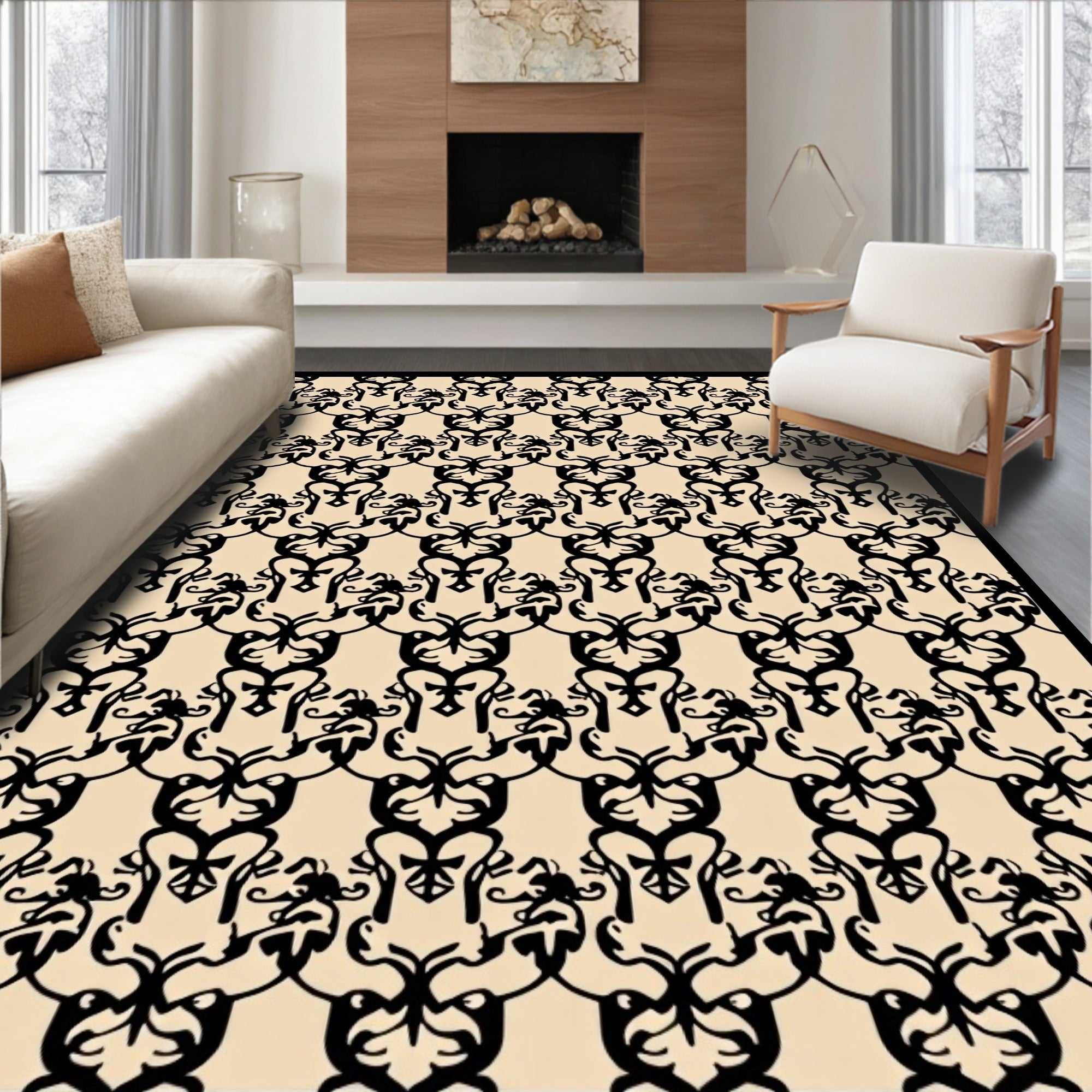 Ornate Black Scrollwork Pattern Rug