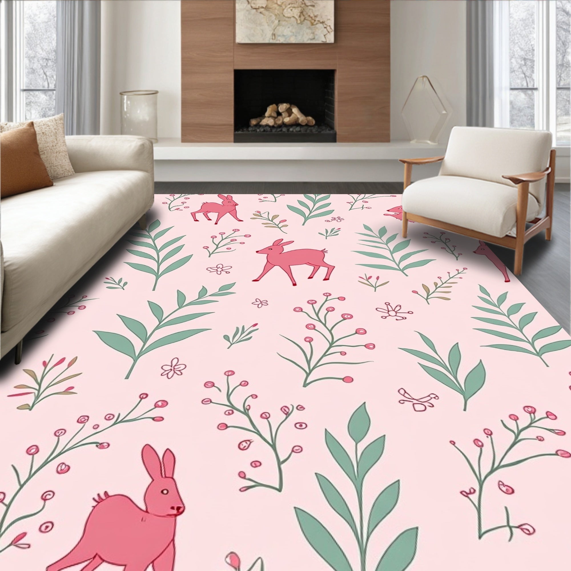 Cute Pink Bunny Floral Pattern Rug
