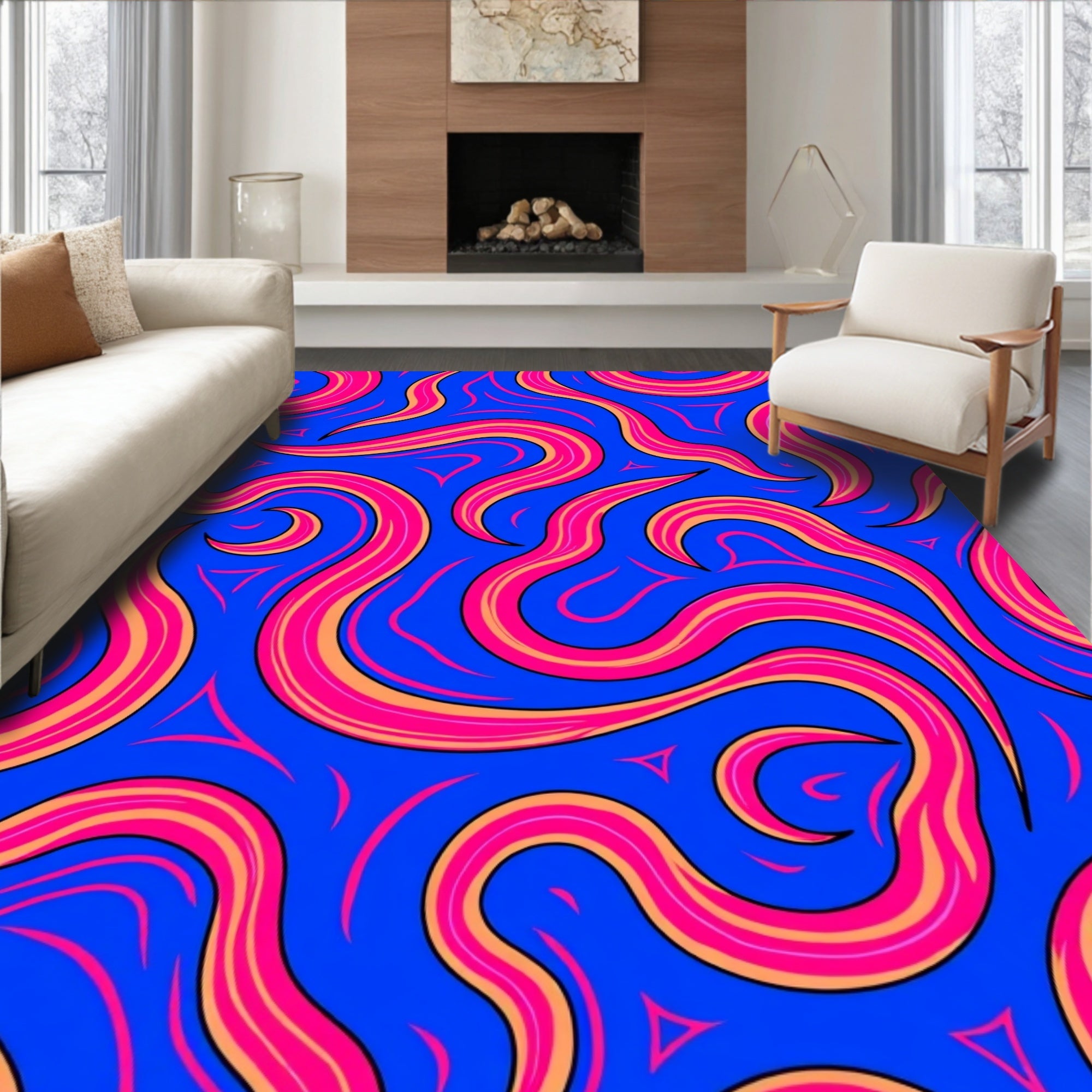 Bold Pink Yellow Swirl Pattern Rug