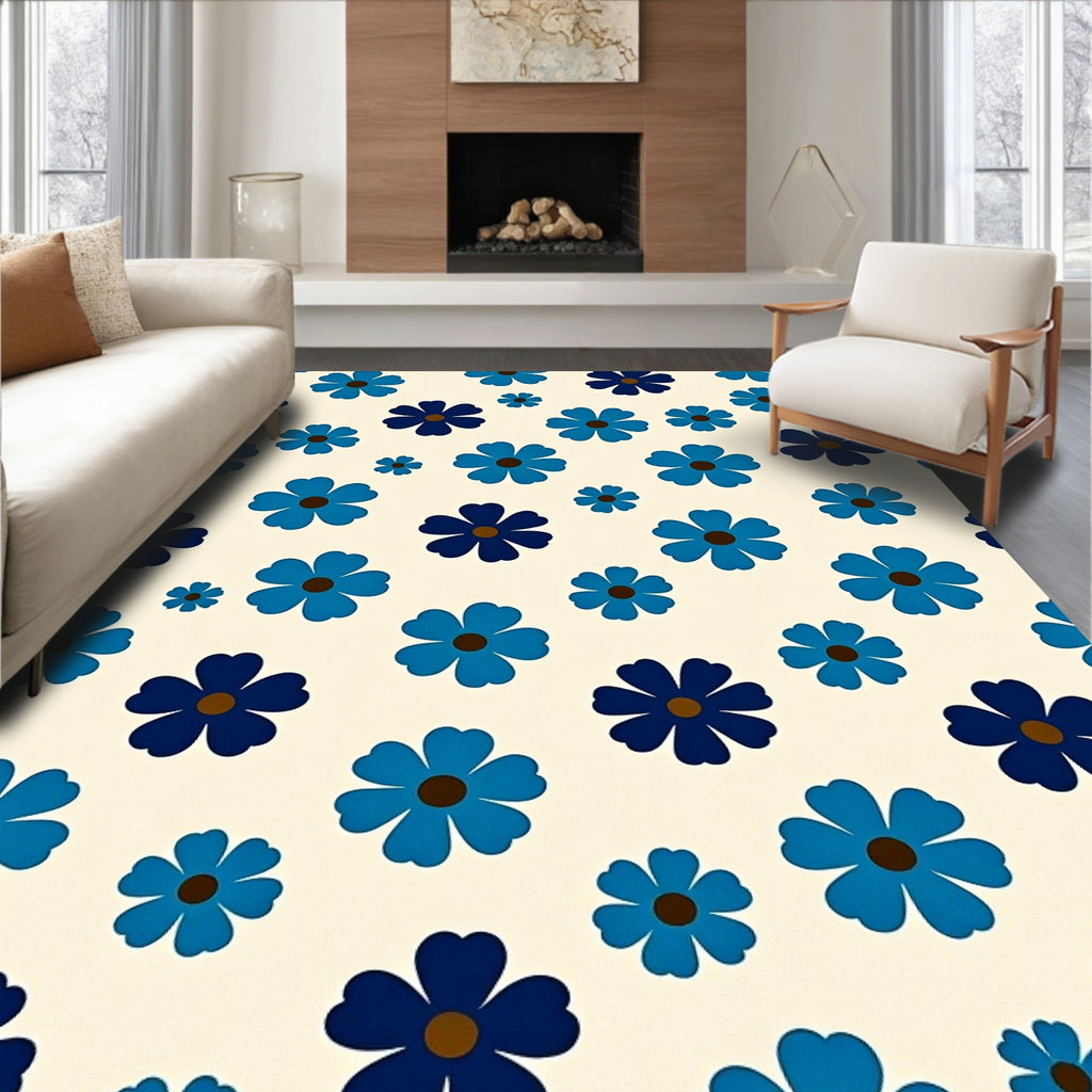 Retro Blue Flower Power Pattern Rug
