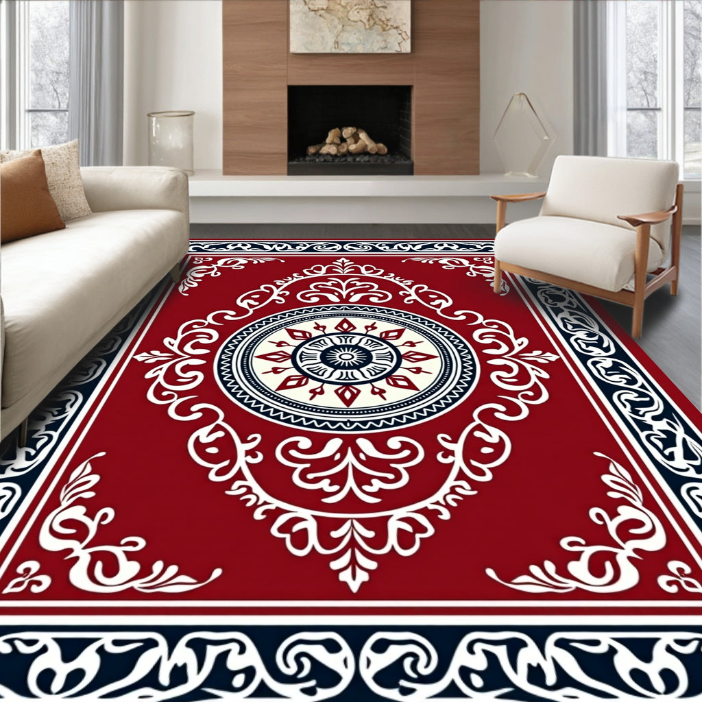 Rich Red Geometric Medallion Pattern Rug