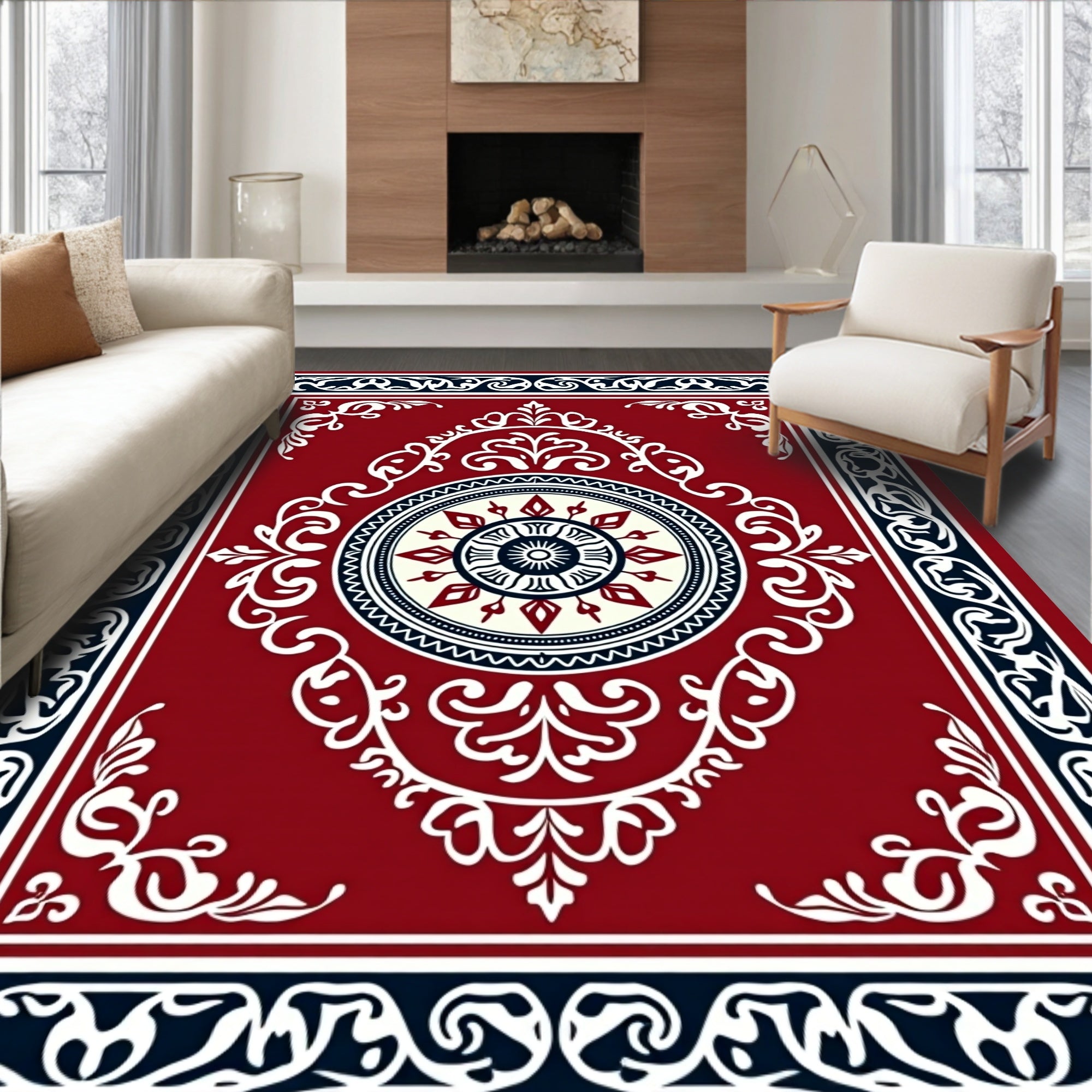 Rich Red Geometric Medallion Pattern Rug