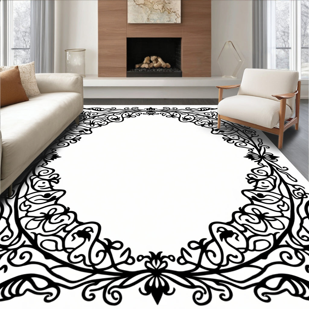 Intricate Floral Swirl Ornamental Border Rug
