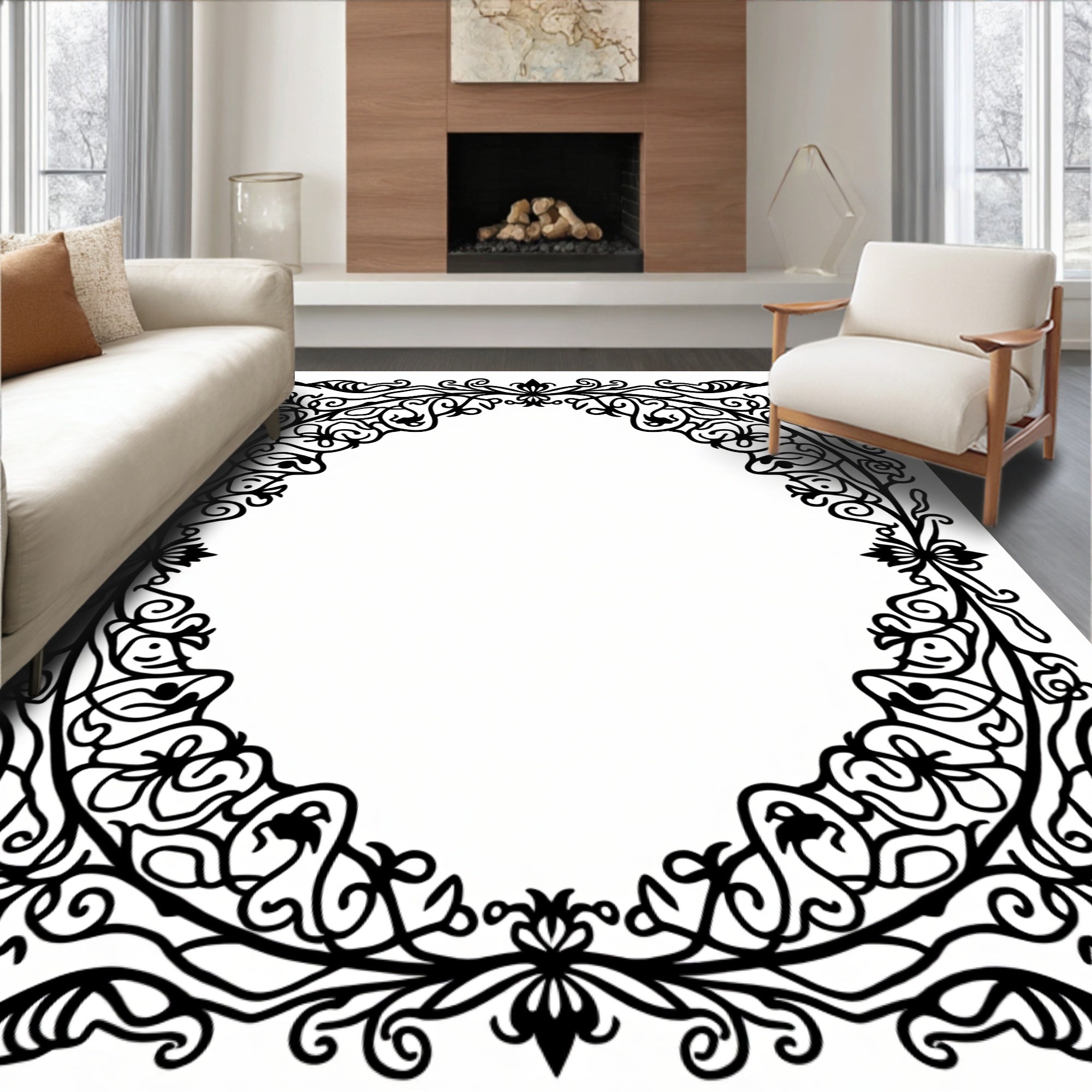 Intricate Floral Swirl Ornamental Border Rug