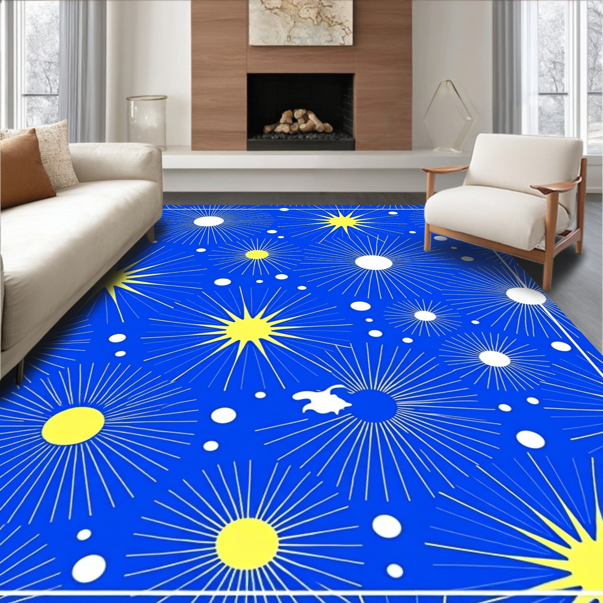 Radiant Sunburst Geometric Blue Gold Rug