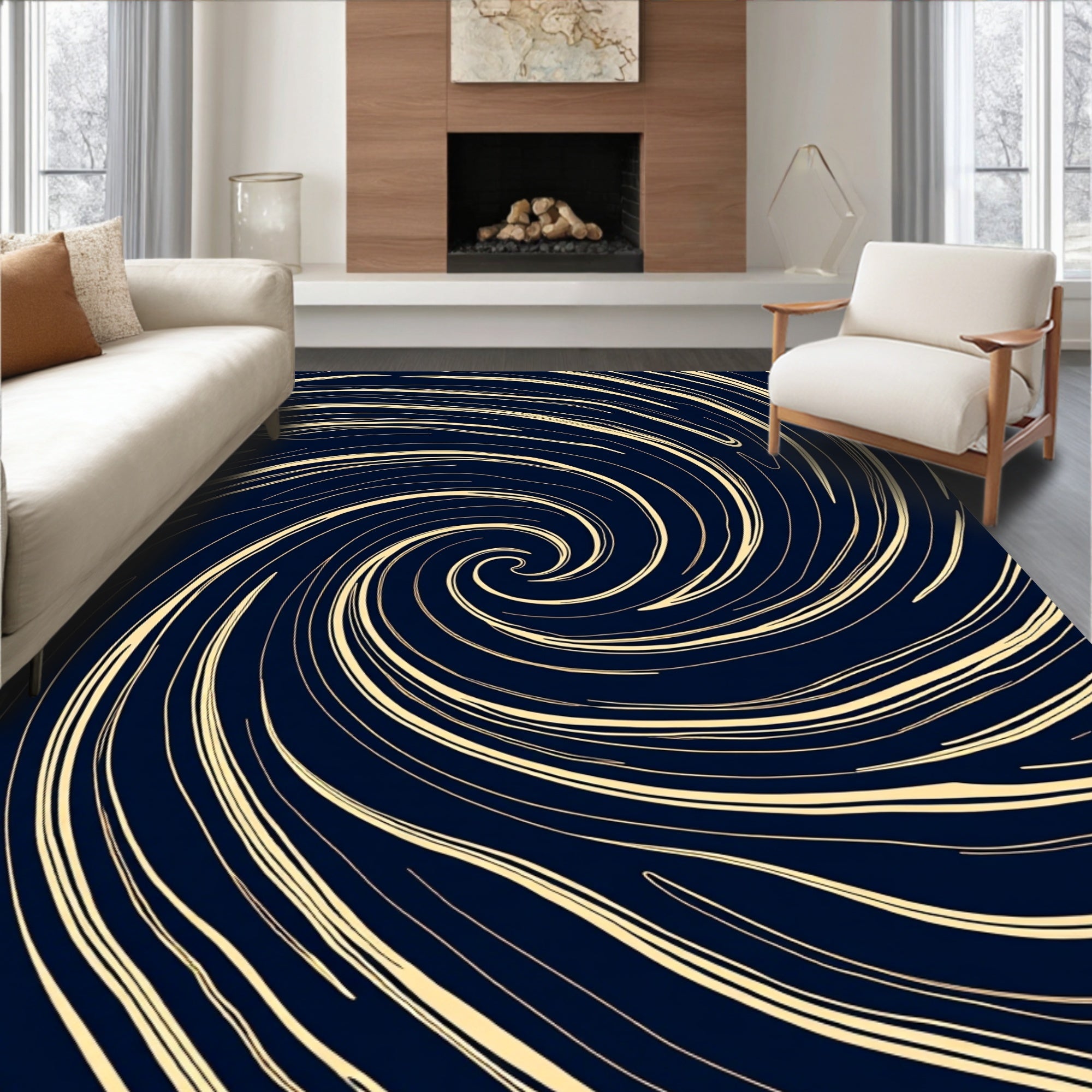 Navy Swirl Abstract Line Design Rug