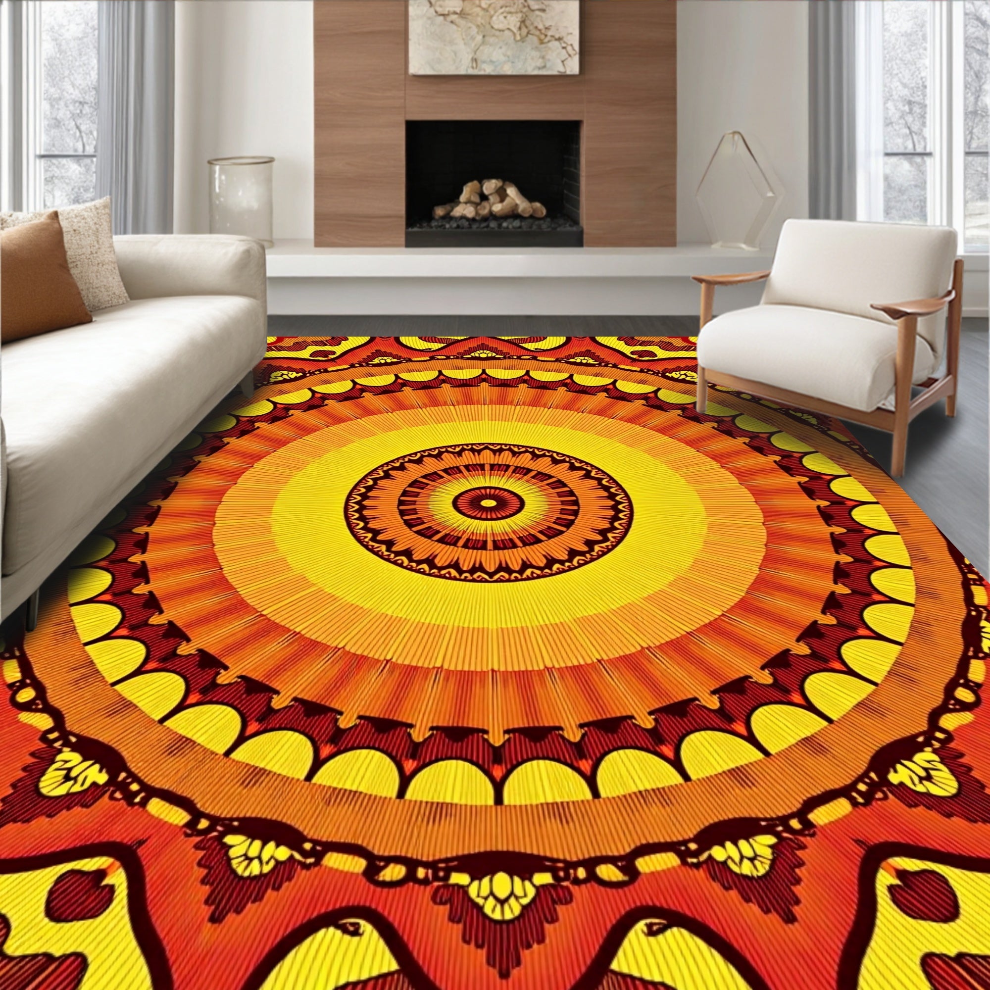 Radiant Orange Yellow Mandala Pattern Rug