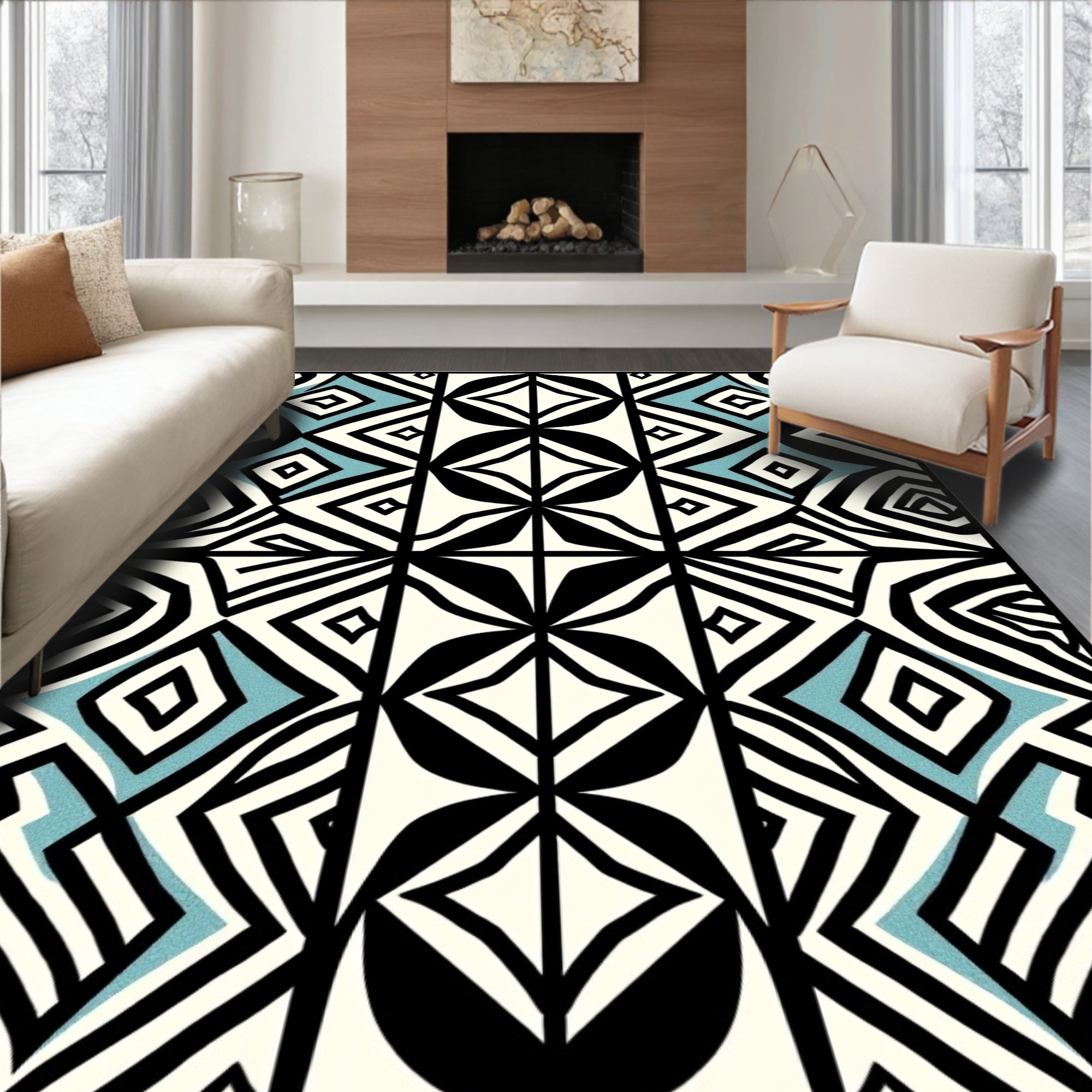 Bold Geometric Black White Blue Abstract Rug