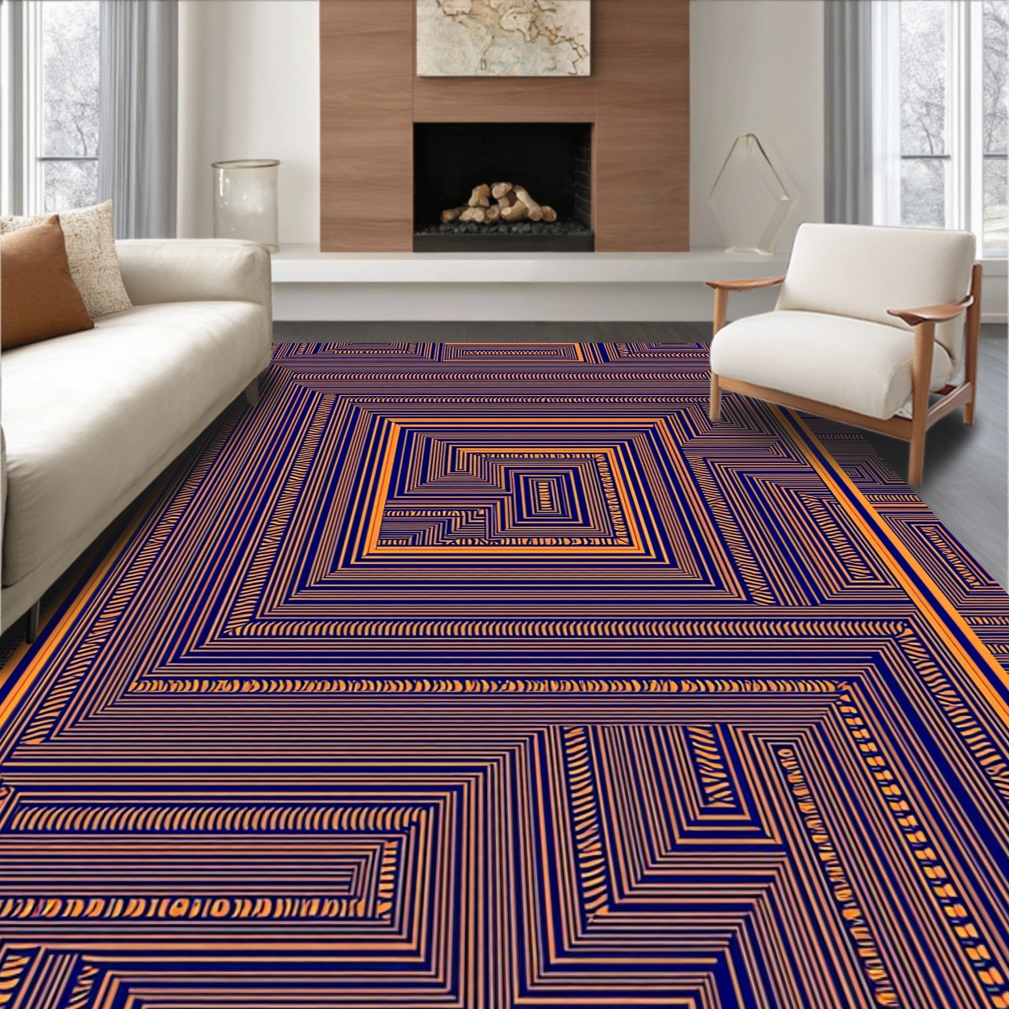 Bold Orange Navy Geometric Maze Rug