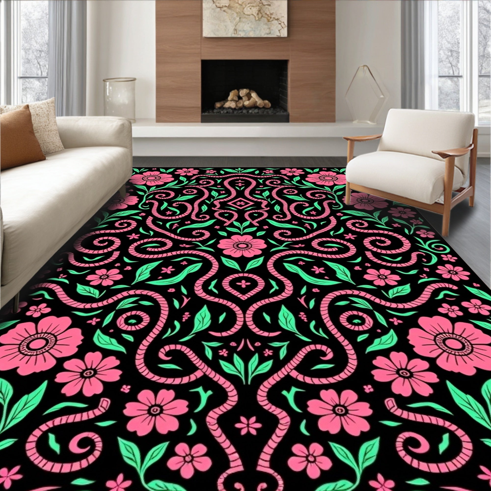 Vibrant Snake Floral Pattern Design Rug