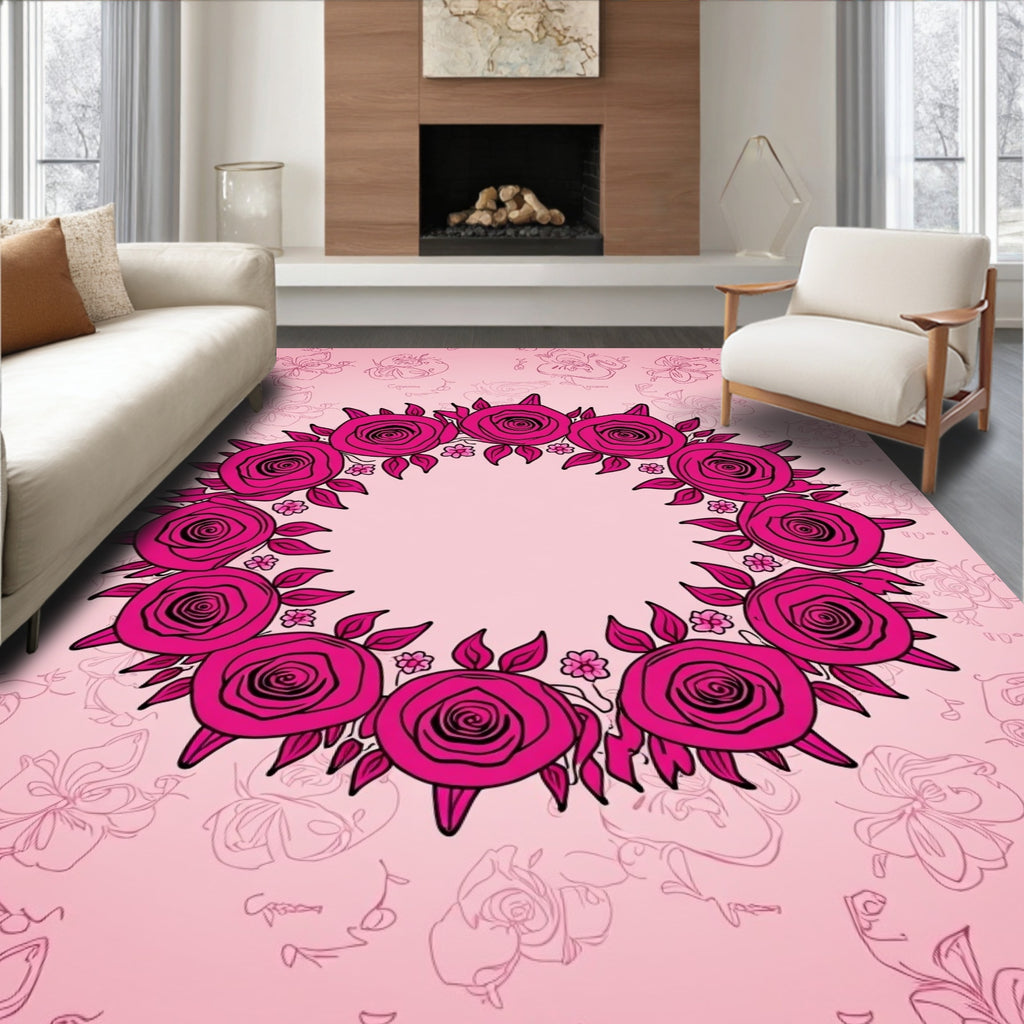 Bright Pink Rose Blossom Garland Rug